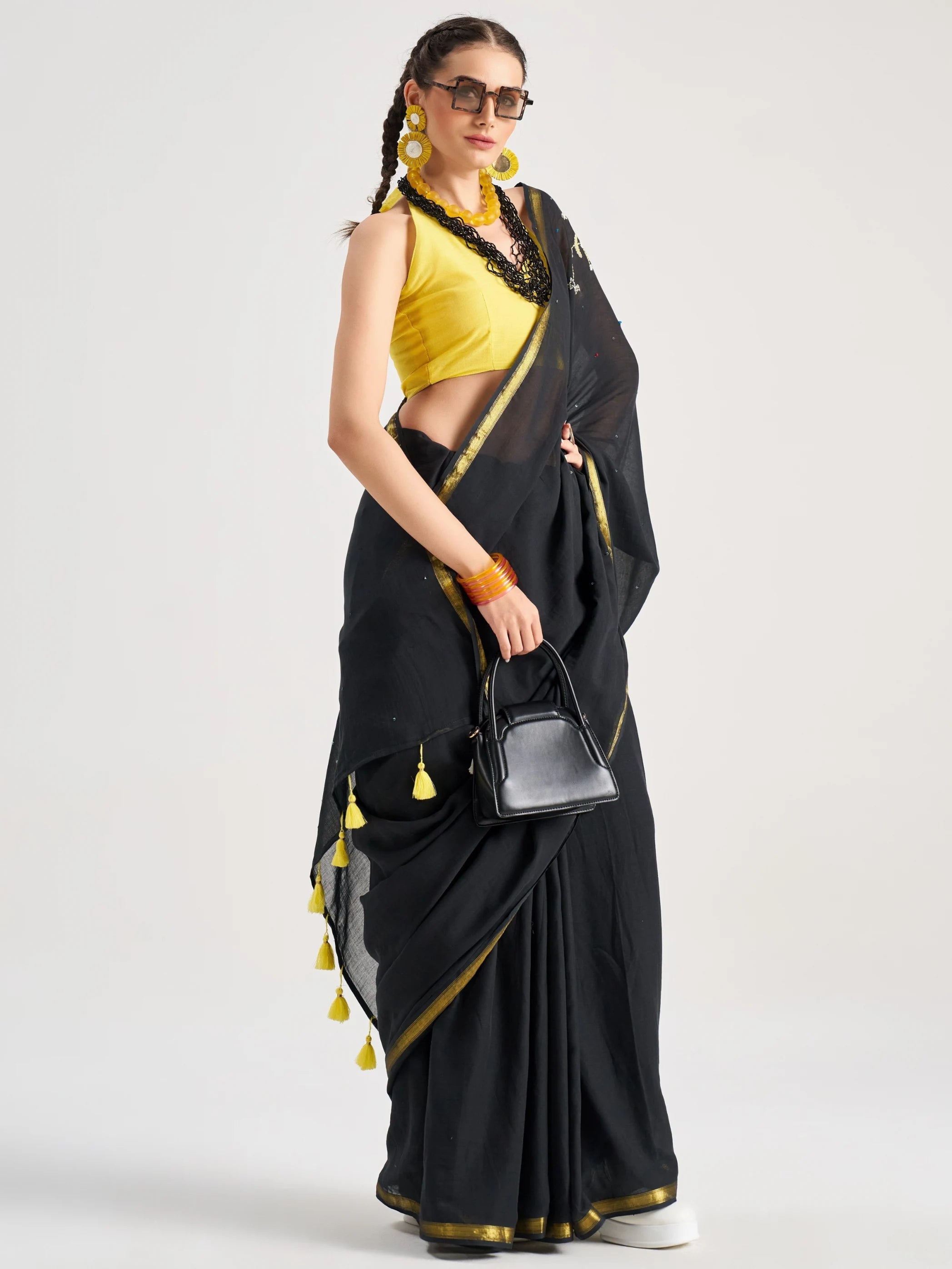 BLACK MULMUL COTTON SCORPIO VEDIC ZODIAC THREAD WORK SAREES