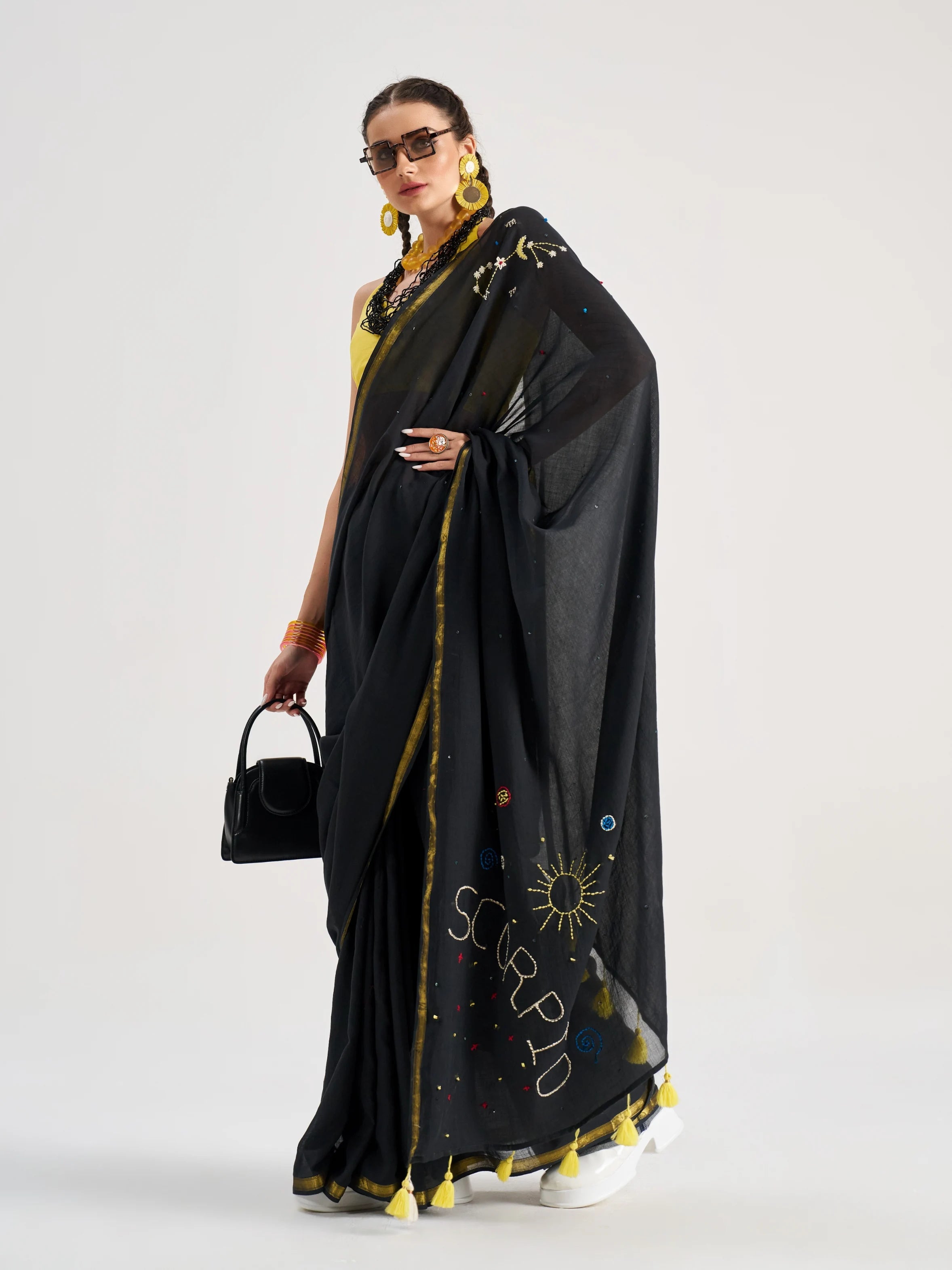 BLACK VISCOSE MUL SCORPIO VEDIC ZODIAC THREAD WORK SAREES