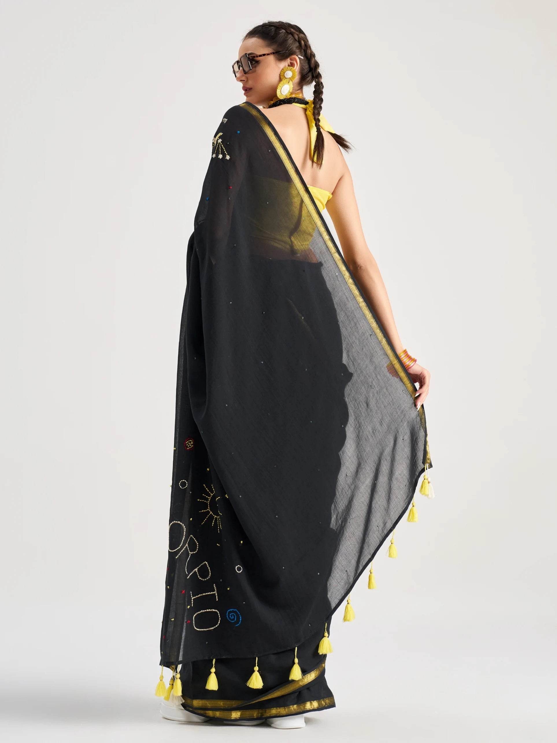 BLACK MULMUL COTTON SCORPIO VEDIC ZODIAC THREAD WORK SAREES
