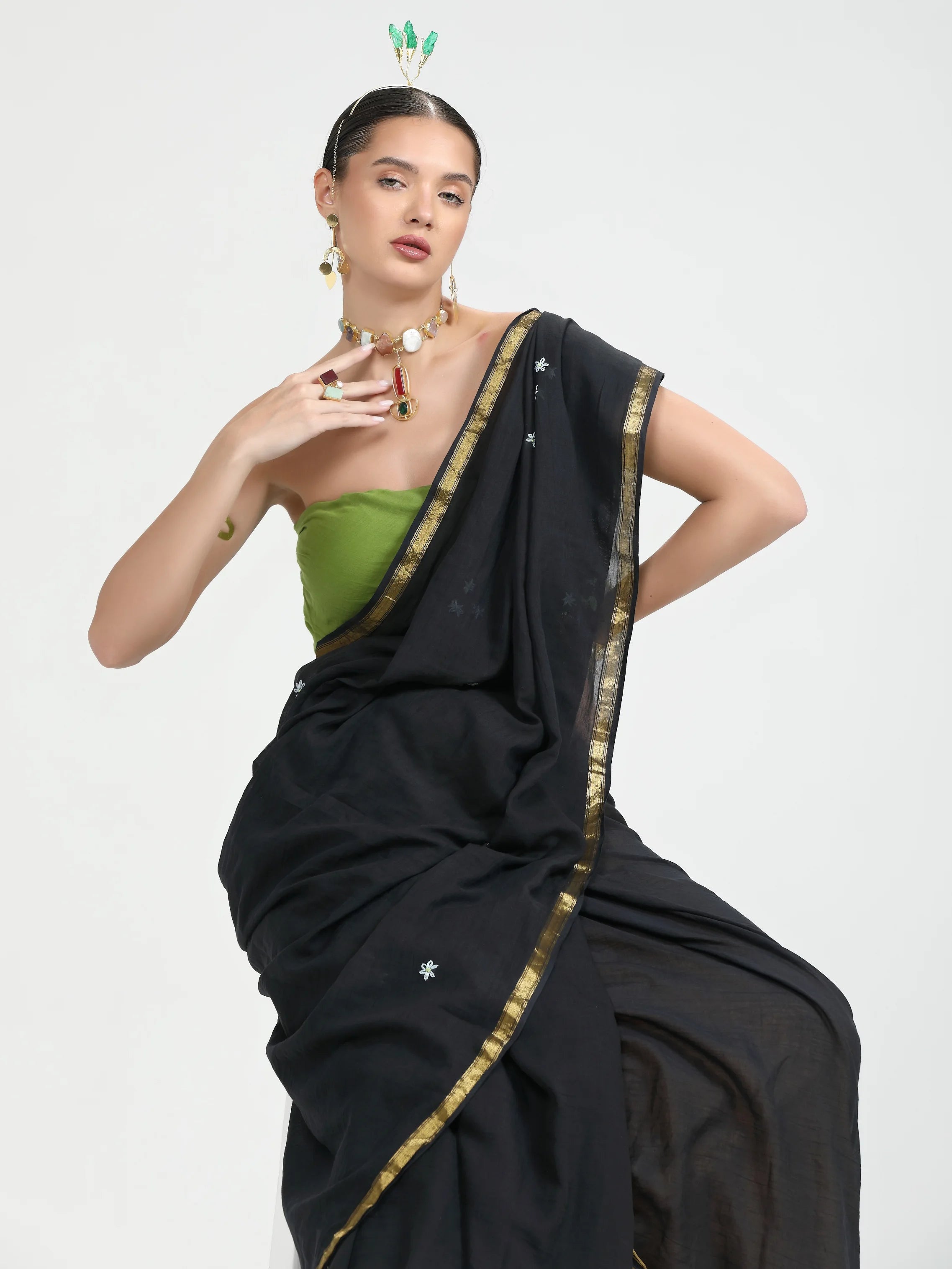 BLACK VISCOSE MUL THREAD WORK LIVA SAREES