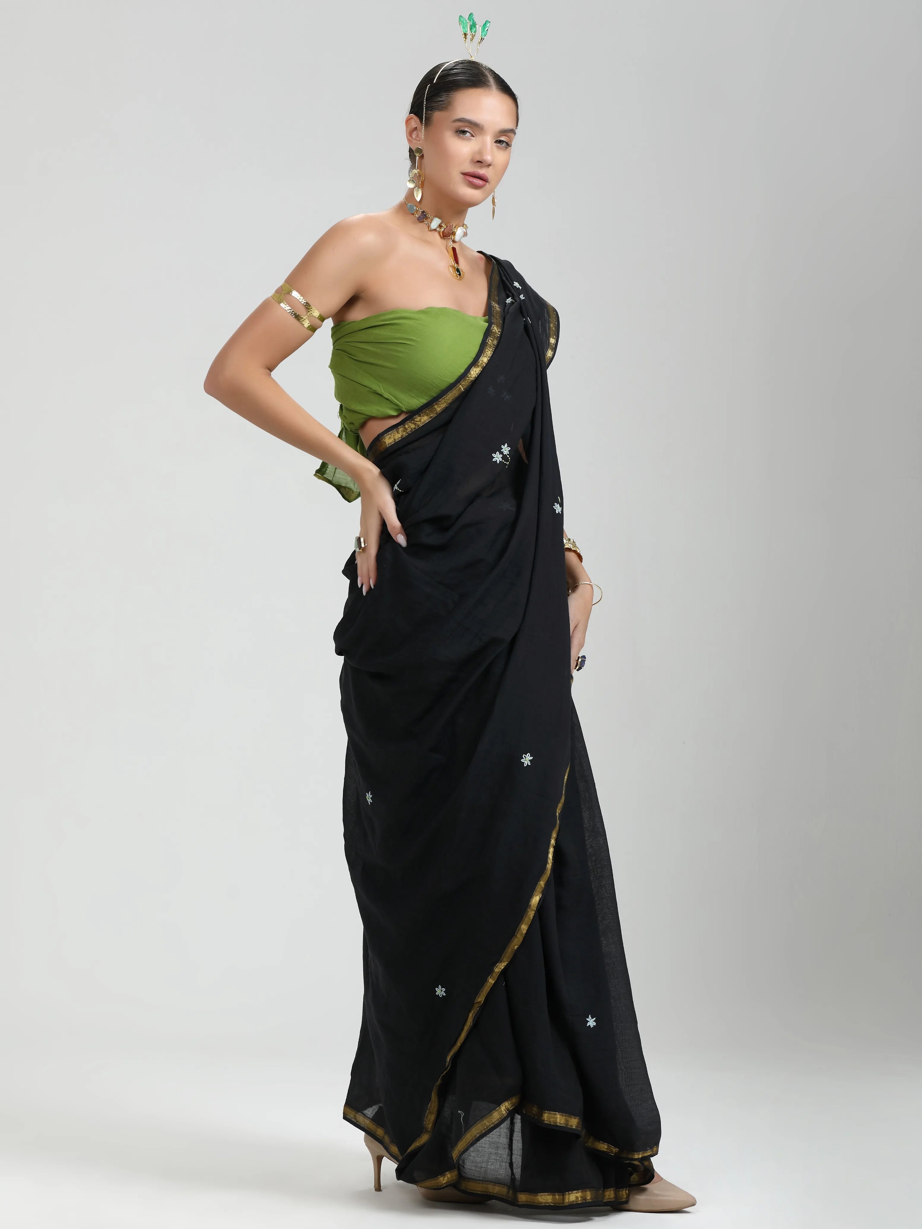 BLACK VISCOSE MUL THREAD WORK LIVA SAREES