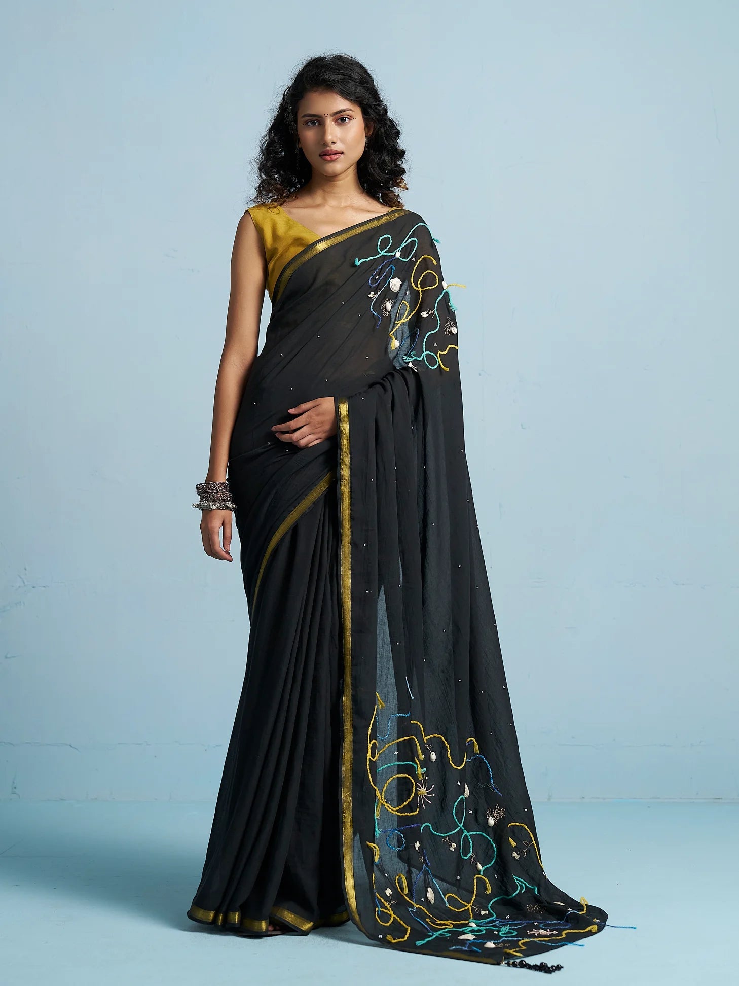 BLACK VISCOSE MUL THREAD WORK SAREES