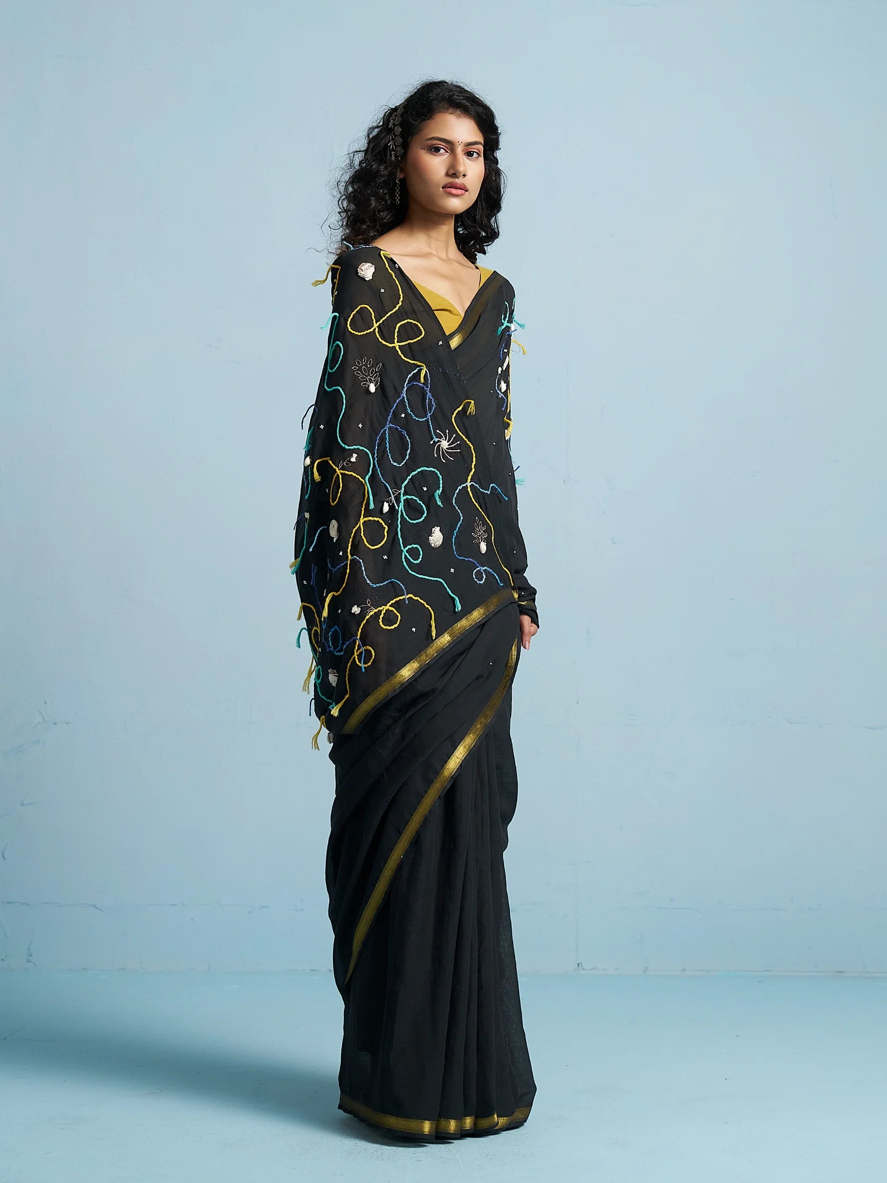 BLACK VISCOSE MUL THREAD WORK SAREES