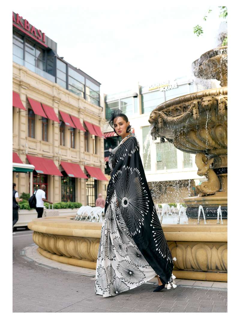 BLACK & WHITE MONOCHROME FLORAL PRINT LIVA SATIN SAREE