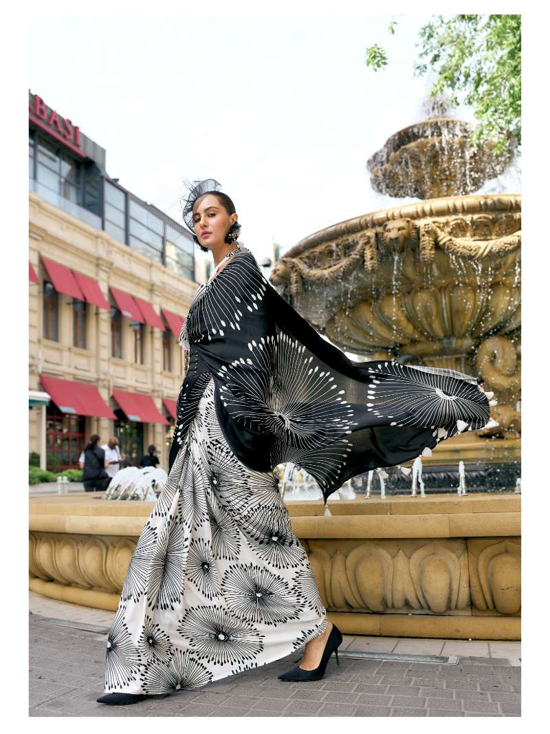 BLACK & WHITE MONOCHROME FLORAL PRINT LIVA SATIN SAREE