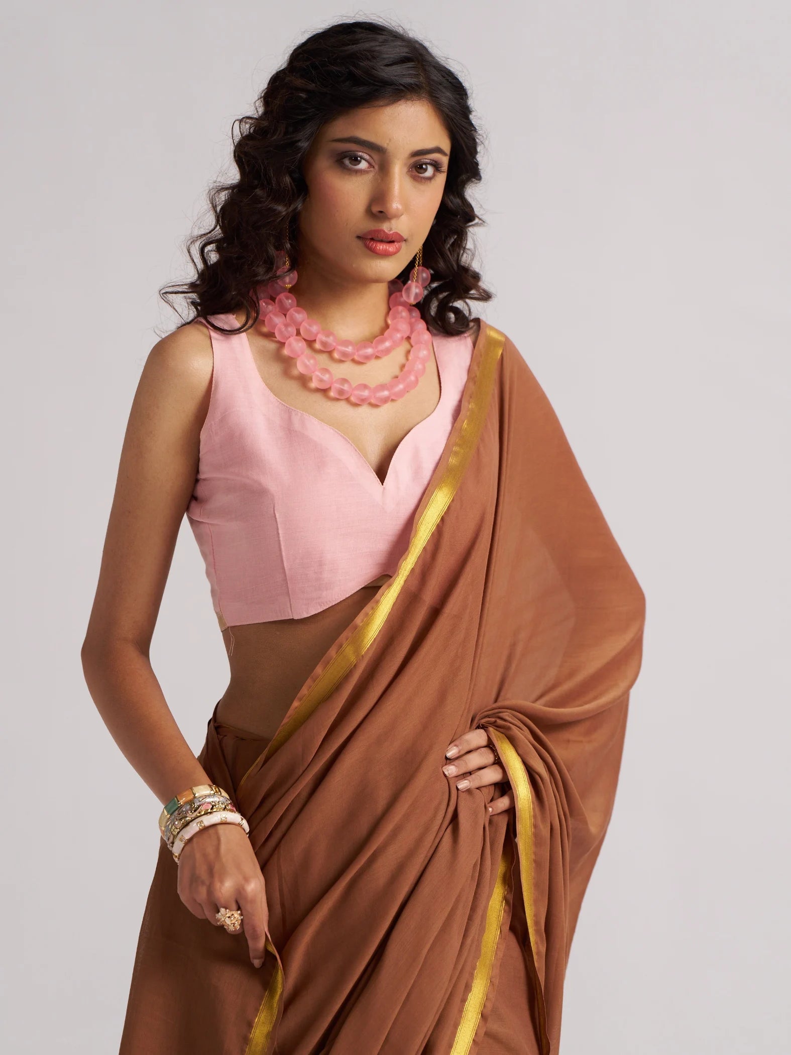 BLODNE ROAST COFFEE SHADE VISCOSE MUL LIVA SOLID SAREE