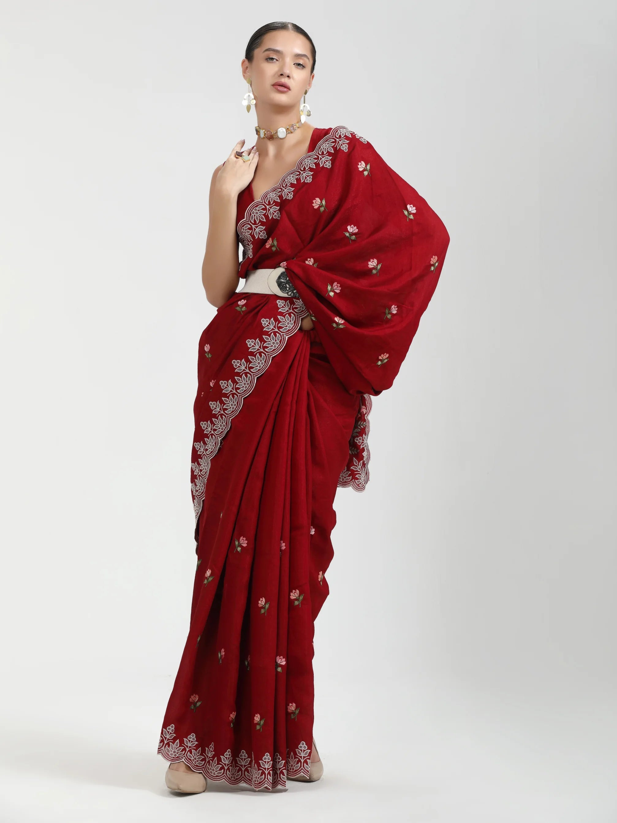 BLOOD RED TITANIUM ART SILK KANTHA EMBROIDERY SAREE