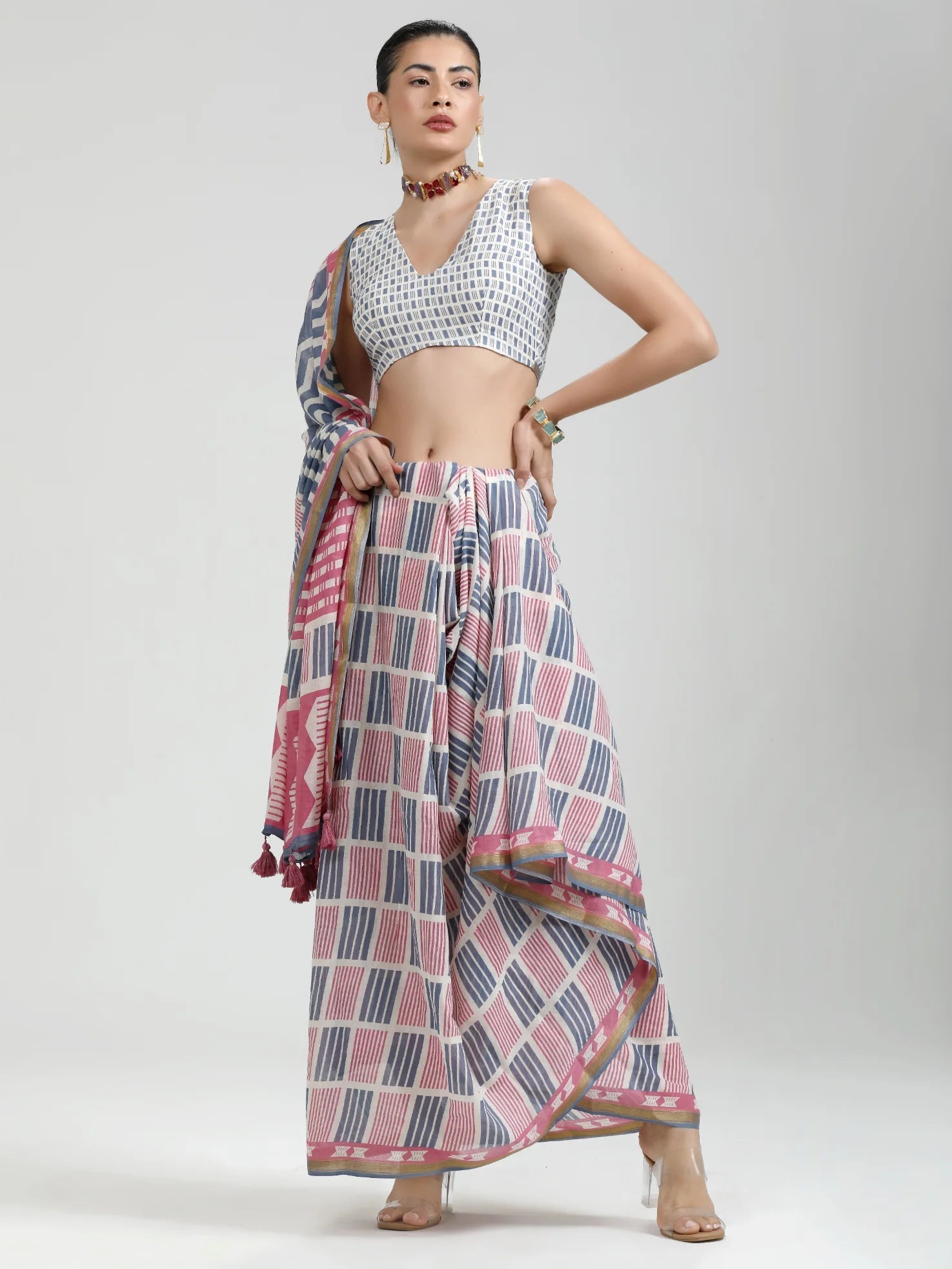 BLUE MULMUL COTTON CONTEMPORARY PRINTED LIVA SAREE