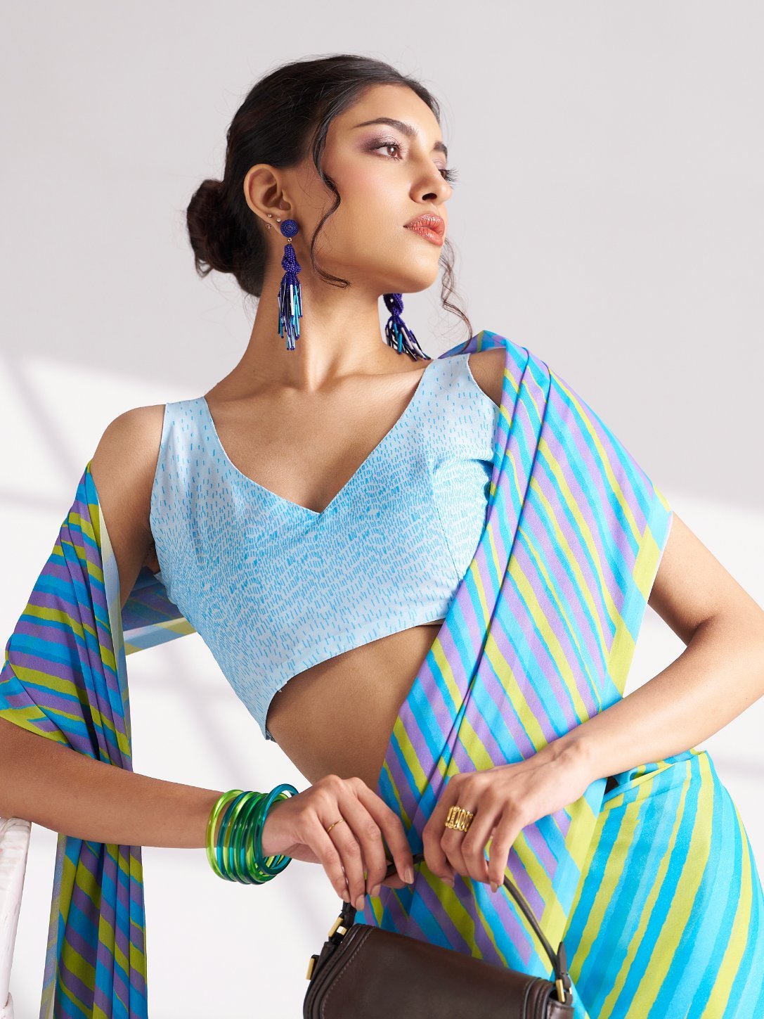 BLUE & YELLOW GEORGETTE SPARKLE LAHERIYA DIGITAL PRINTED SAREE