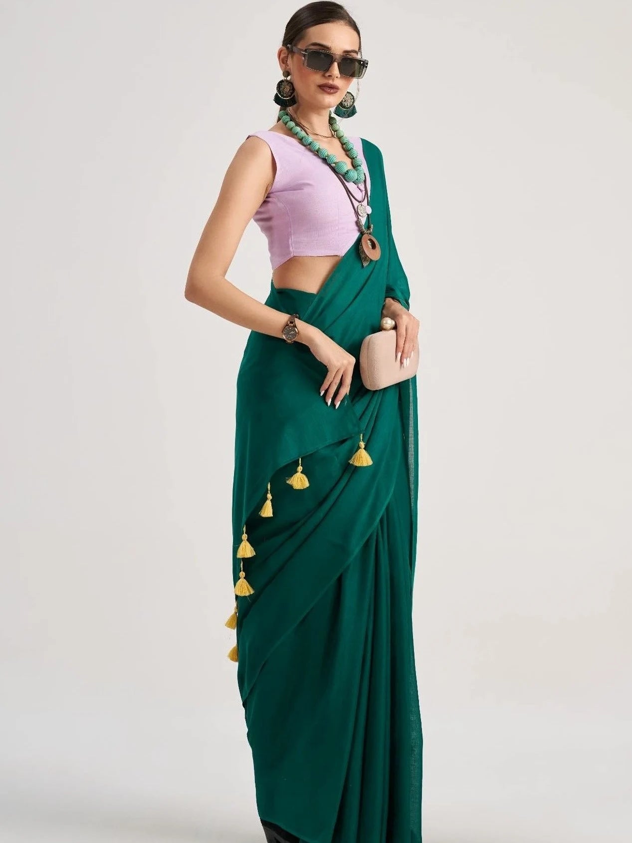 BOTTLE GREEN VISCOSE MUL SOLID SAREE