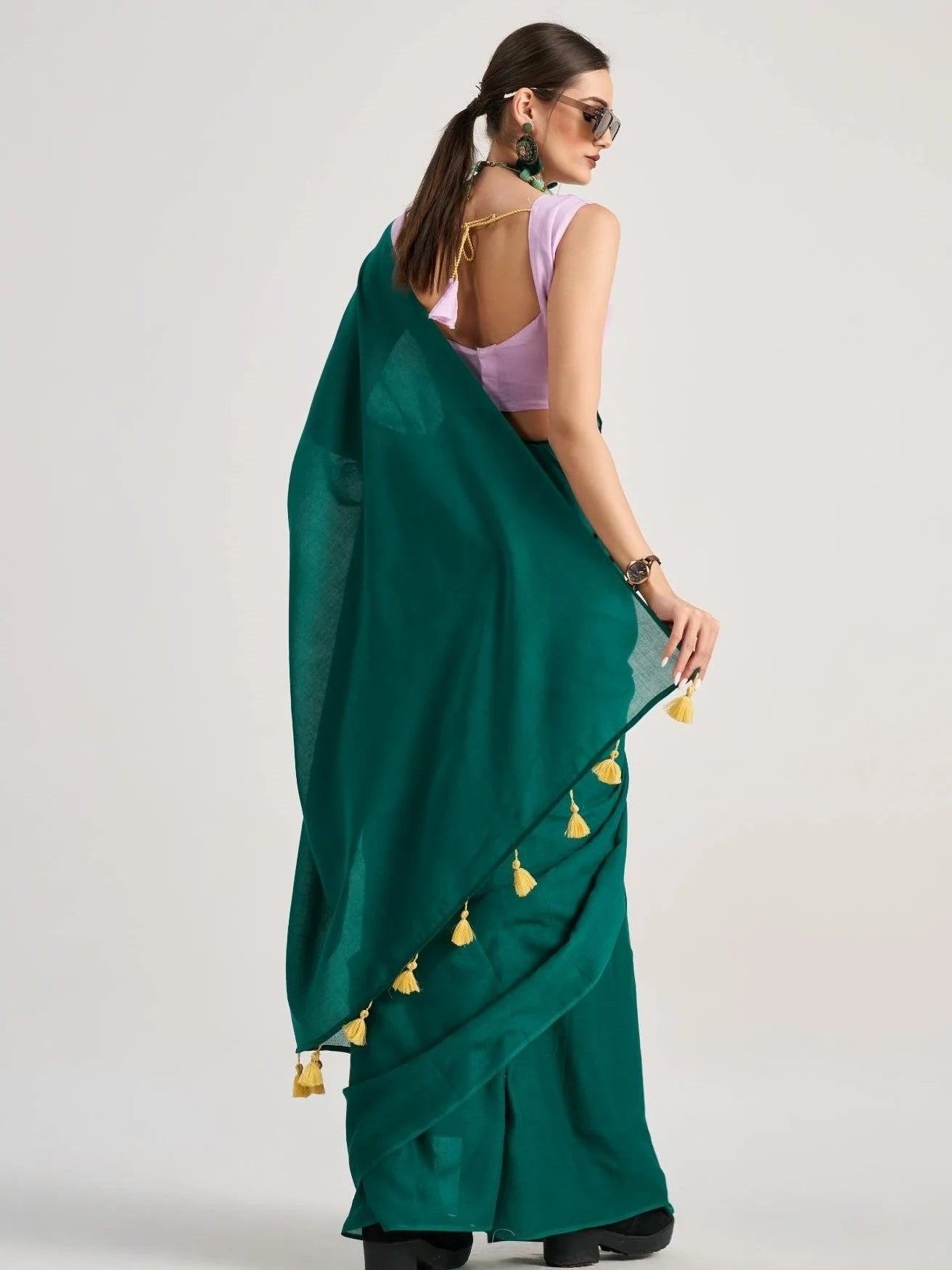 BOTTLE GREEN VISCOSE MUL SOLID SAREE