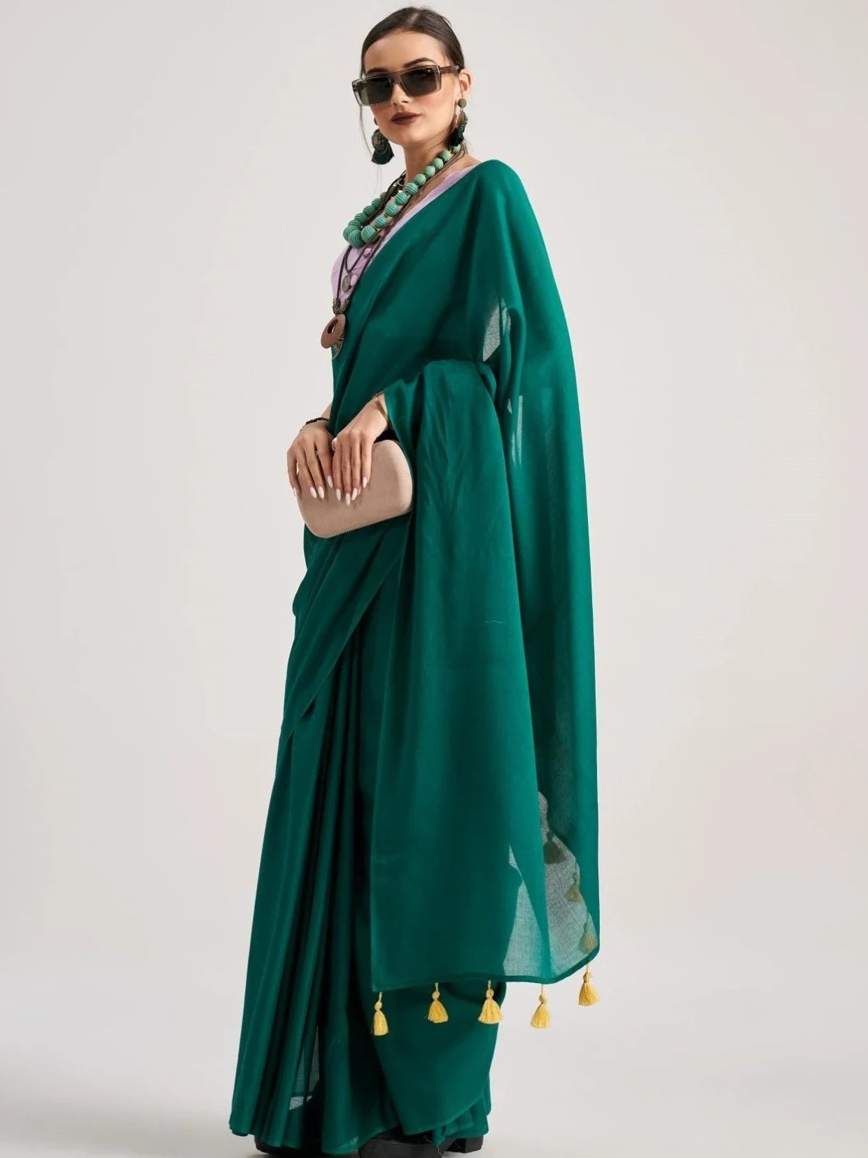 BOTTLE GREEN VISCOSE MUL SOLID SAREE