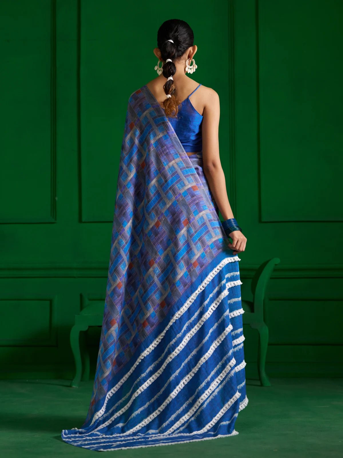 BRIGHT BLUE CHECKS VISCOSE MUL DENIM PRINT SAREE