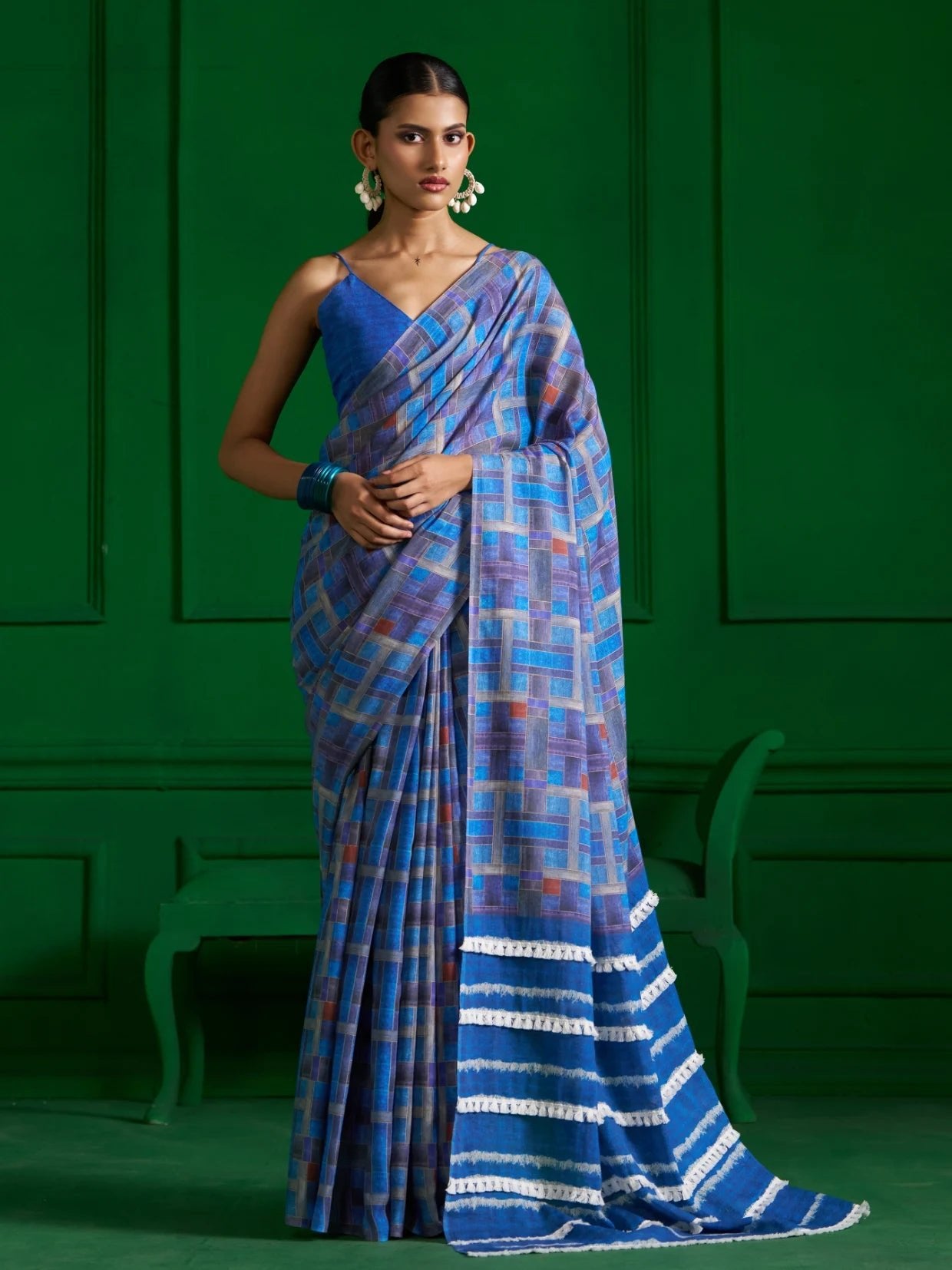 BRIGHT BLUE CHECKS VISCOSE MUL DENIM PRINT SAREE