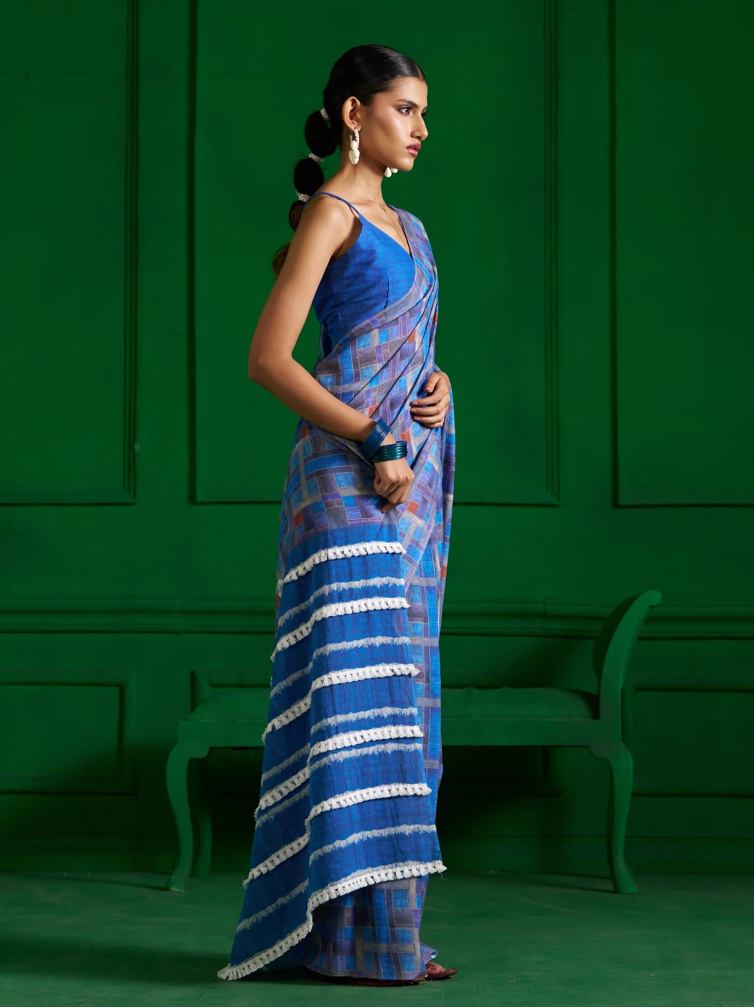 BRIGHT BLUE CHECKS VISCOSE MUL DENIM PRINT SAREE