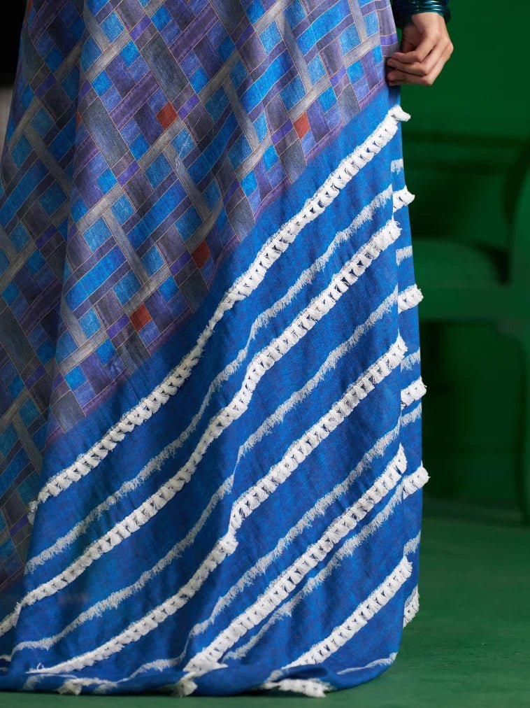 BRIGHT BLUE CHECKS VISCOSE MUL DENIM PRINT SAREE