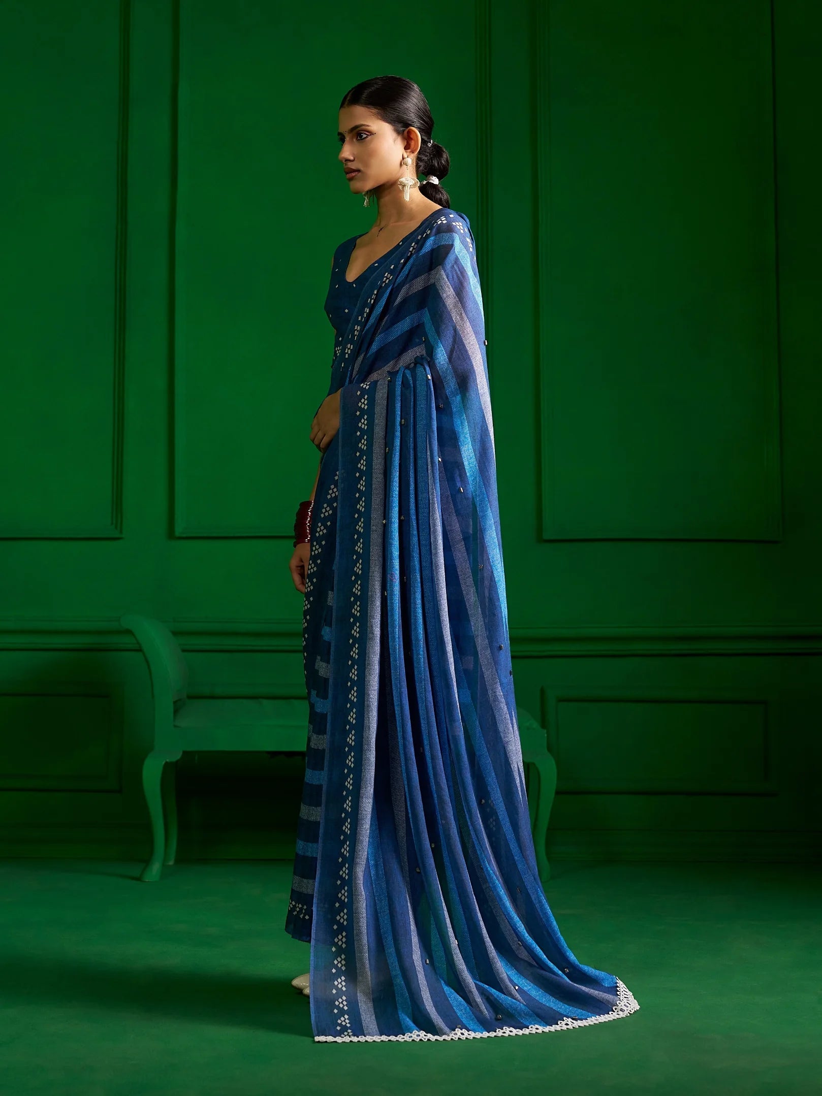 BRIGHT BLUE MULMUL COTTON BLUE ZEN DENIM PRINT SAREE