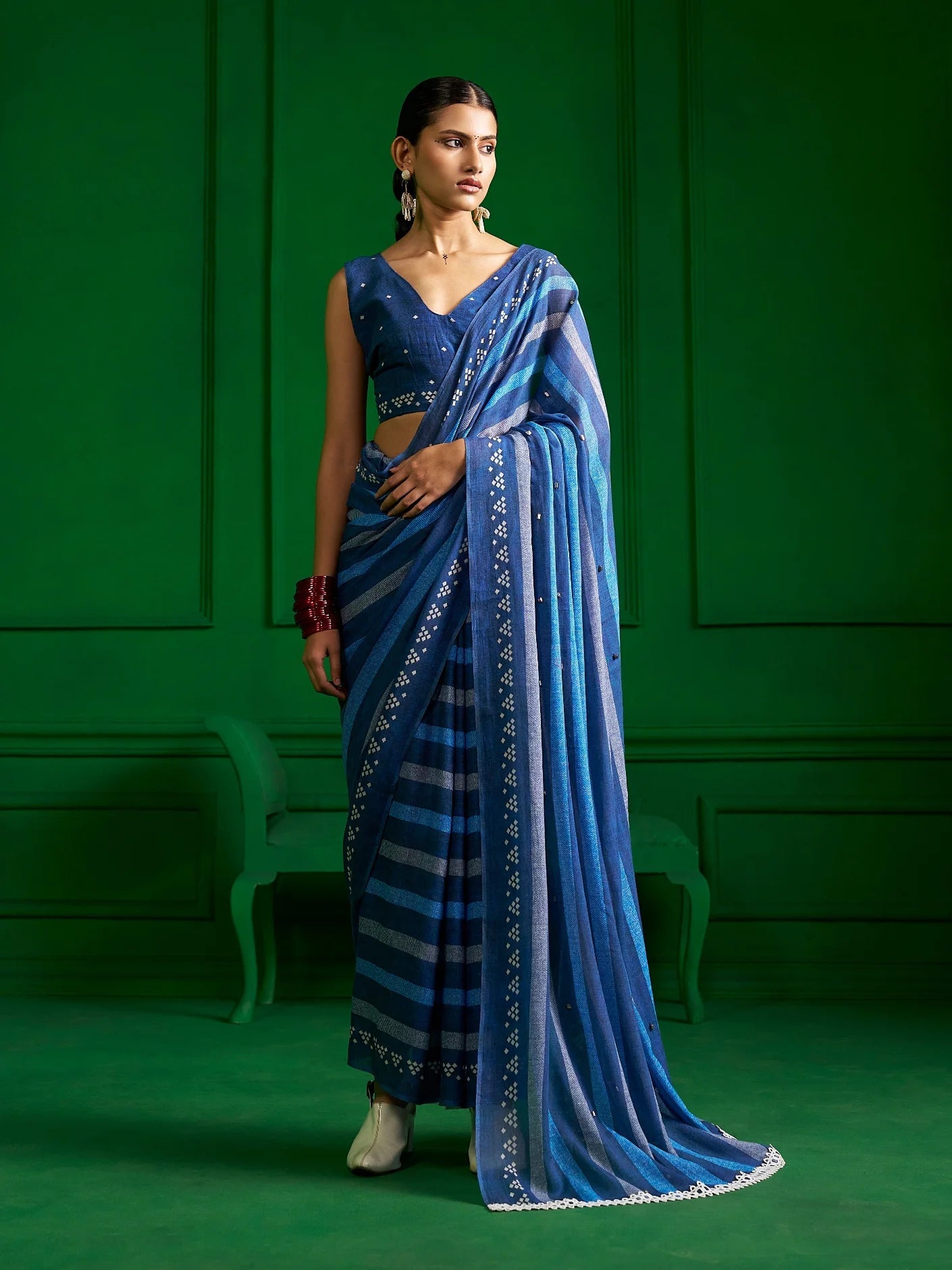BRIGHT BLUE MULMUL COTTON BLUE ZEN DENIM PRINT SAREE