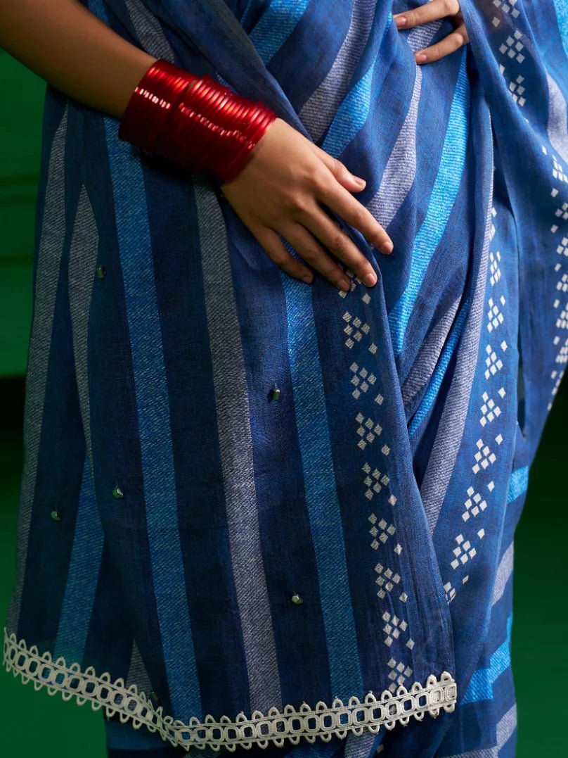 BRIGHT BLUE MULMUL COTTON BLUE ZEN DENIM PRINT SAREE