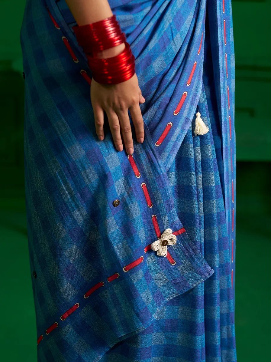 BRIGHT BLUE VISCOSE MUL GINGHAM CHECKS DENIM PRINT SAREE