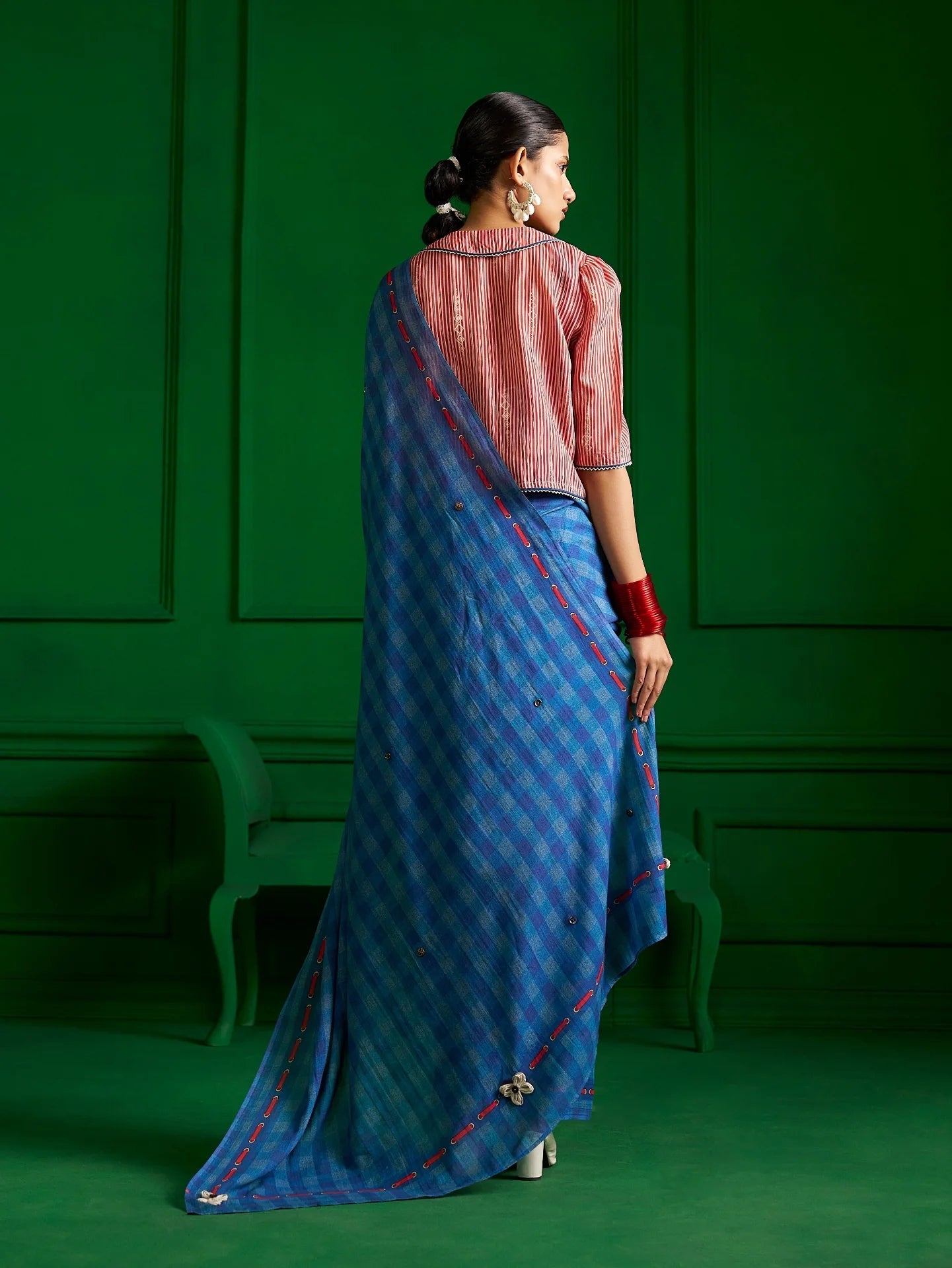 BRIGHT BLUE VISCOSE MUL GINGHAM CHECKS DENIM PRINT SAREE