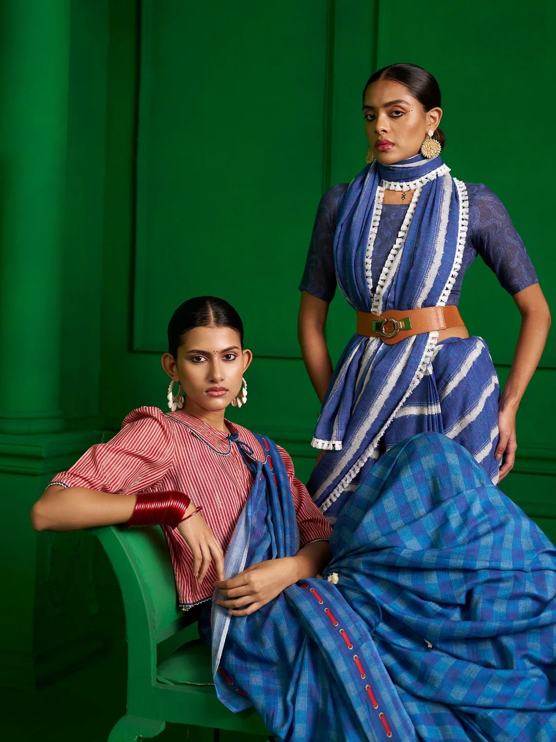 BRIGHT BLUE VISCOSE MUL GINGHAM CHECKS DENIM PRINT SAREE