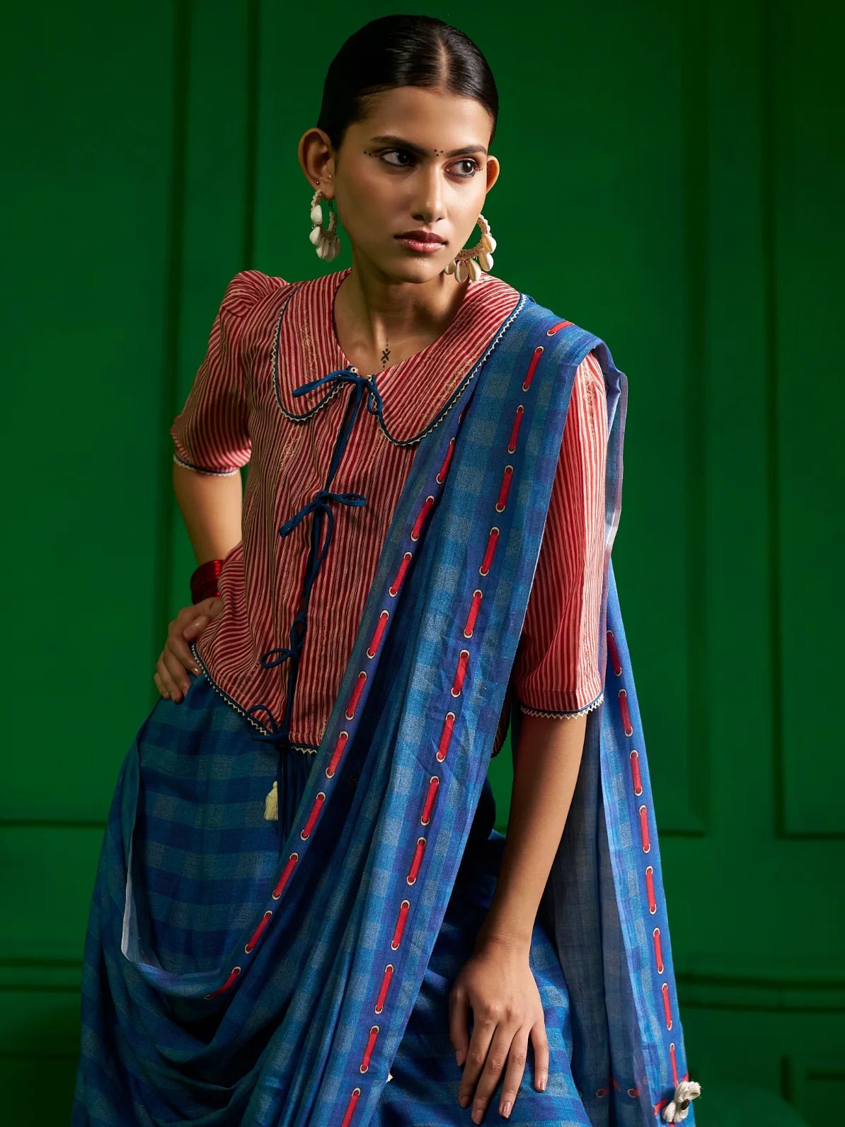 BRIGHT BLUE VISCOSE MUL GINGHAM CHECKS DENIM PRINT SAREE
