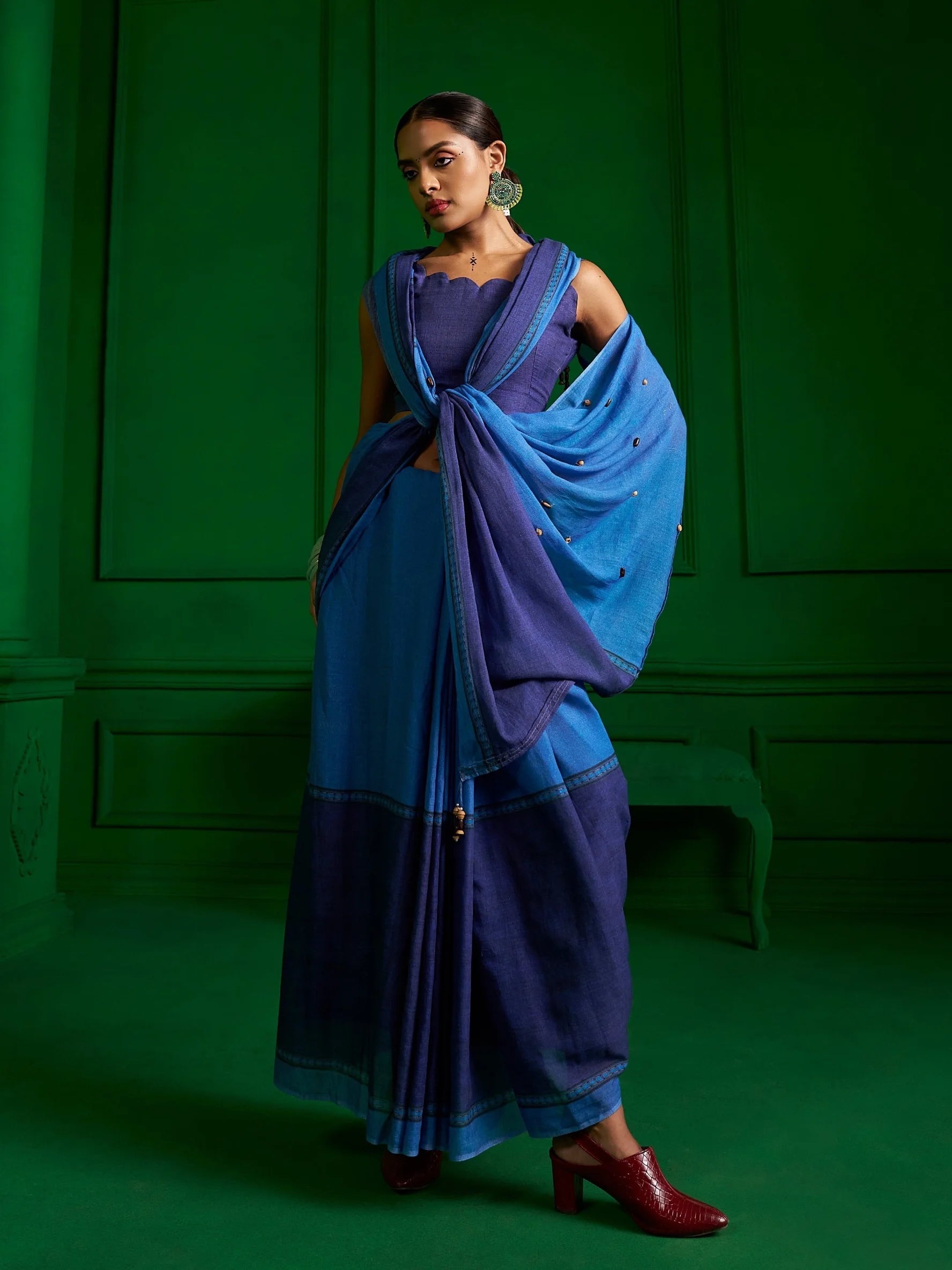 BRIGHT BLUE VISCOSE MUL INDIGO WHIMSY DENIM PRINT SAREE