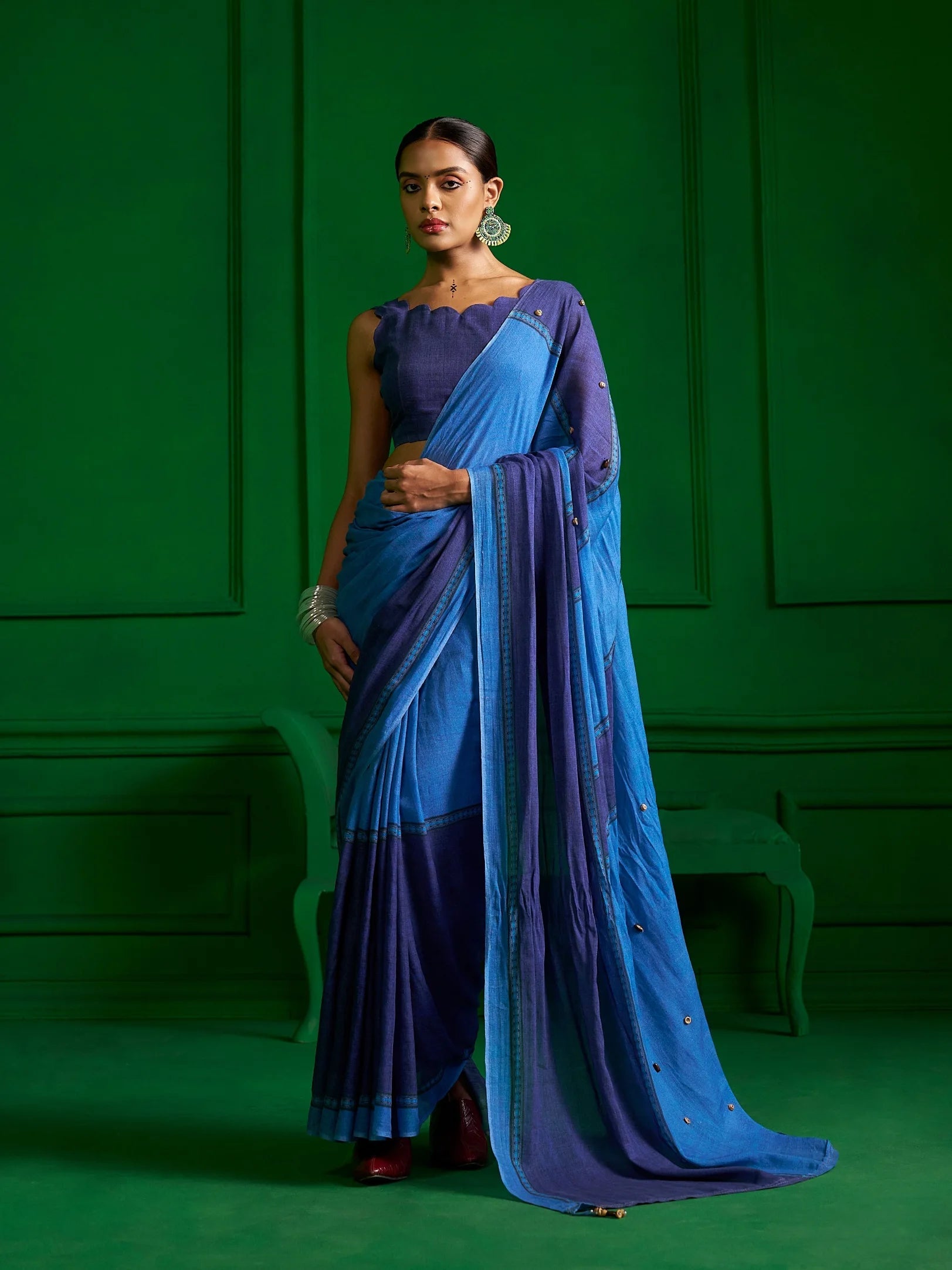 BRIGHT BLUE VISCOSE MUL INDIGO WHIMSY DENIM PRINT SAREE