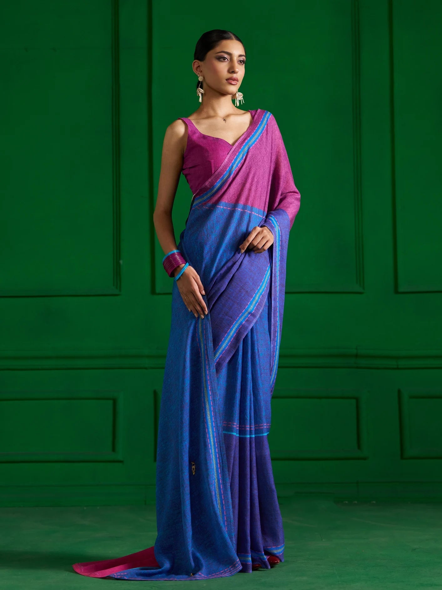 BRIGHT BLUE VISCOSE MUL PINK ZIP DENIM PRINT SAREE