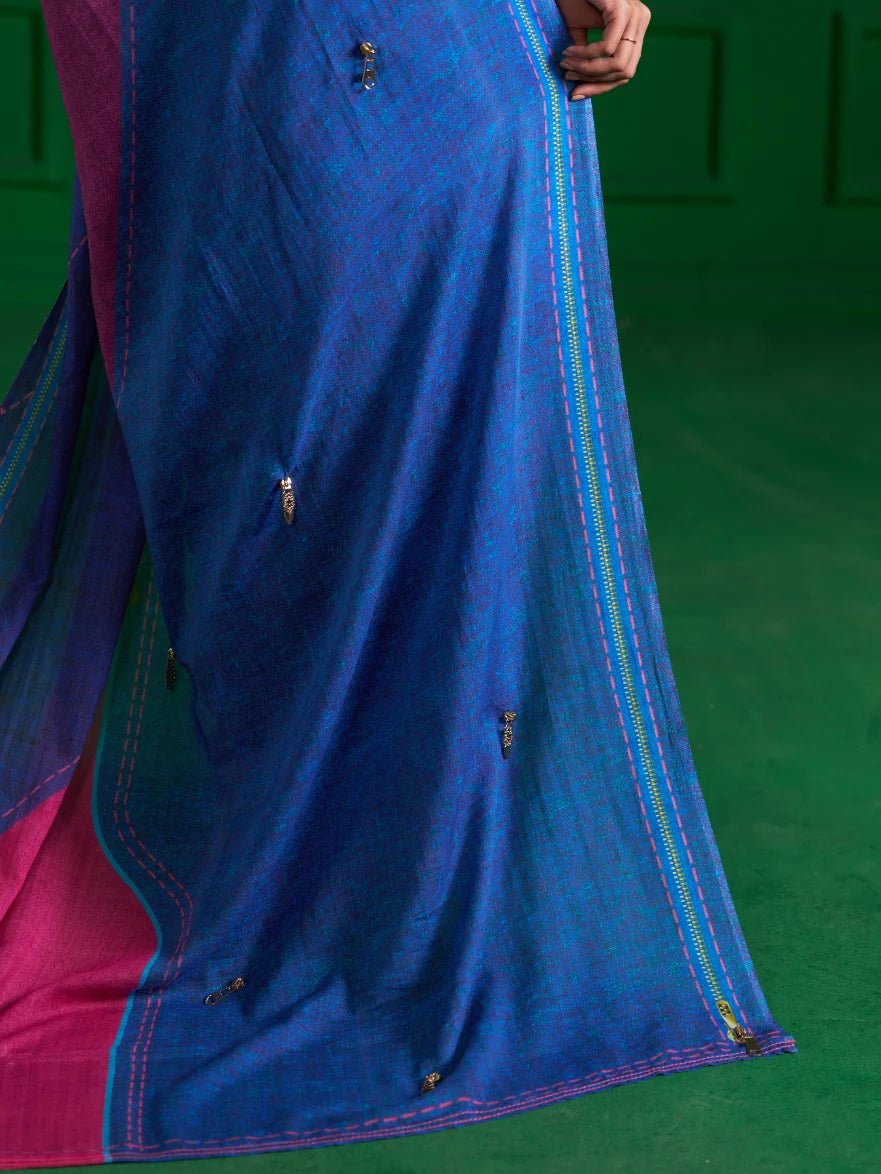 BRIGHT BLUE VISCOSE MUL PINK ZIP DENIM PRINT SAREE