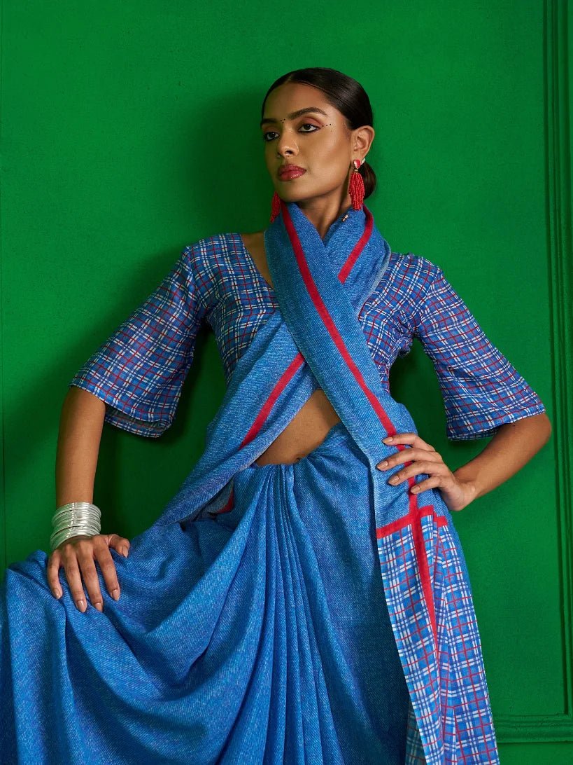 BRIGHT BLUE VISCOSE MUL RED RIBBON DENIM PRINT SAREE