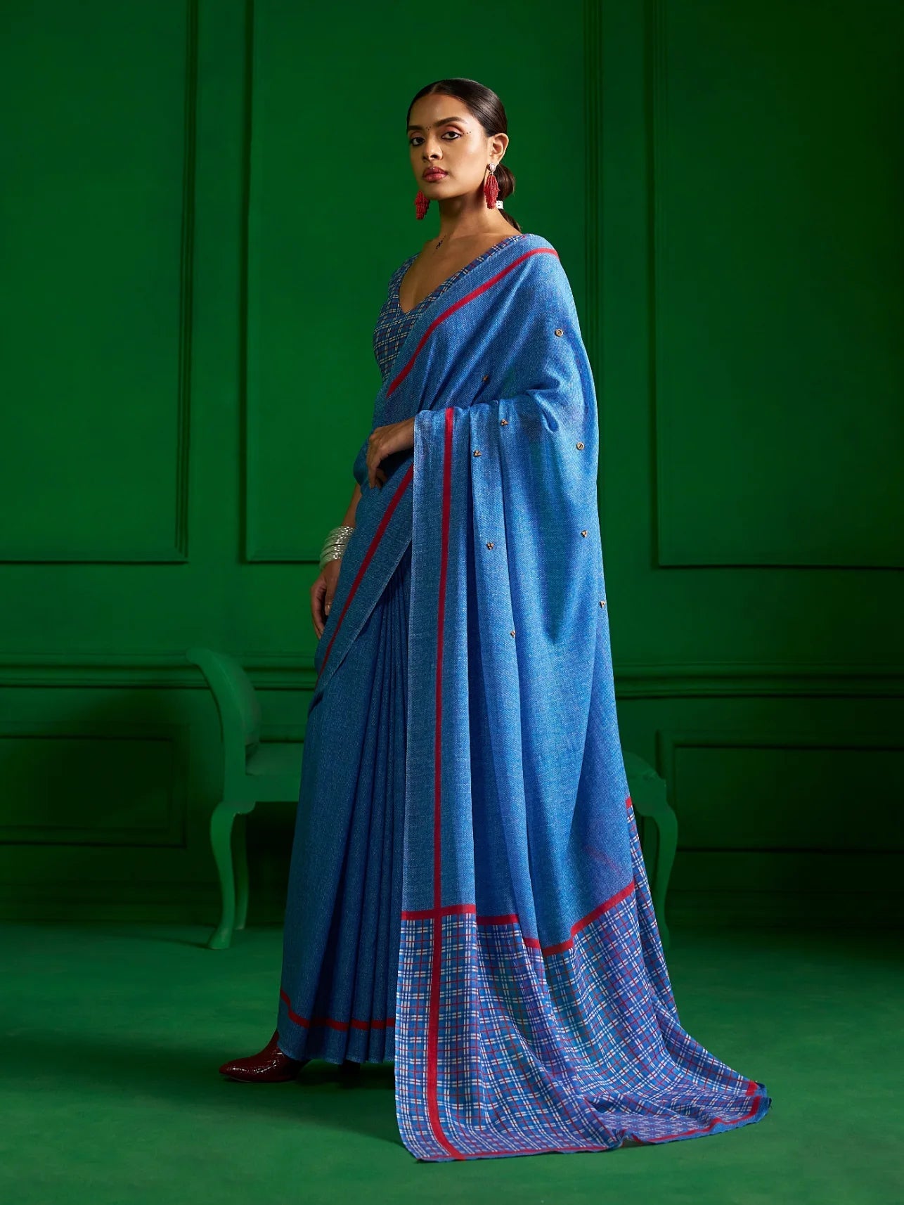 BRIGHT BLUE VISCOSE MUL RED RIBBON DENIM PRINT SAREE