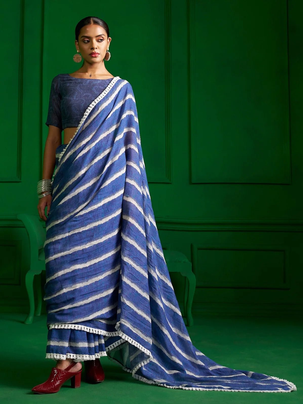 BRIGHT BLUE VISCOSE MUL SELVEDGE SAGA DENIM PRINT SAREE