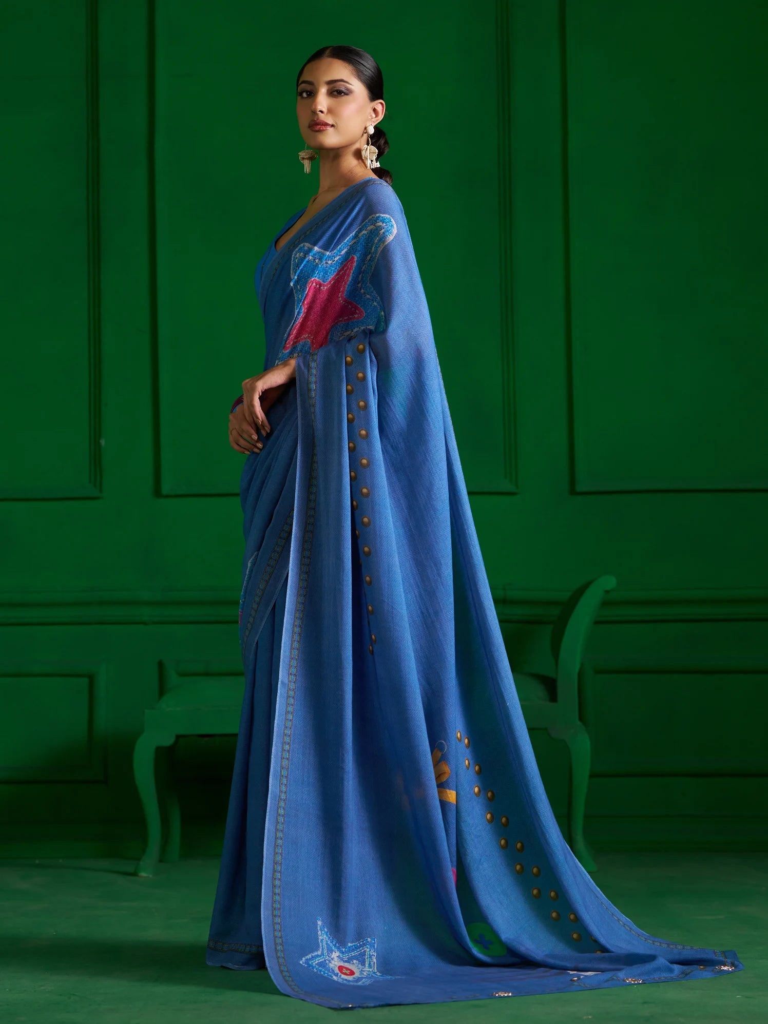 BRIGHT BLUE VISCOSE MUL STUD KNOT DENIM PRINT SAREE