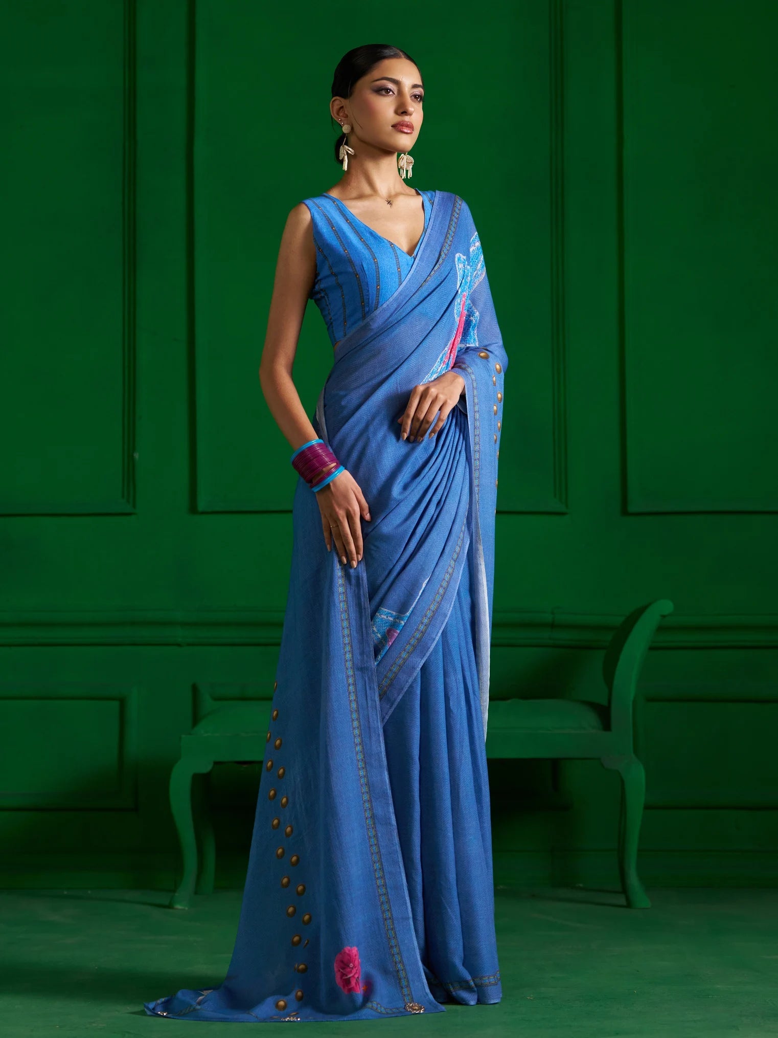 BRIGHT BLUE VISCOSE MUL STUD KNOT DENIM PRINT SAREE
