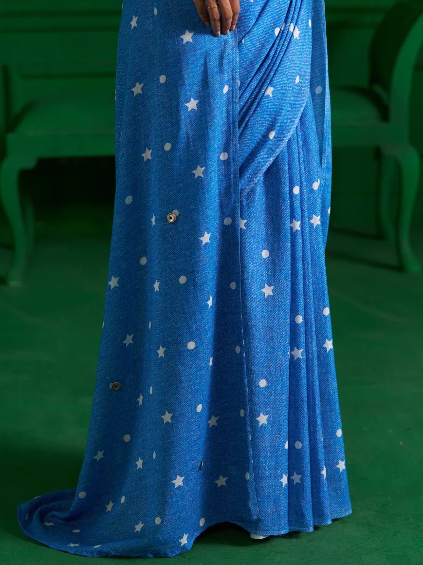 BRIGHT BLUE MULMUL COTTON STUDS AND STARS DENIM PRINT SAREE