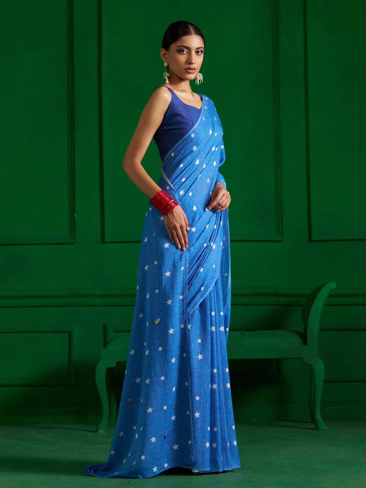BRIGHT BLUE MULMUL COTTON STUDS AND STARS DENIM PRINT SAREE
