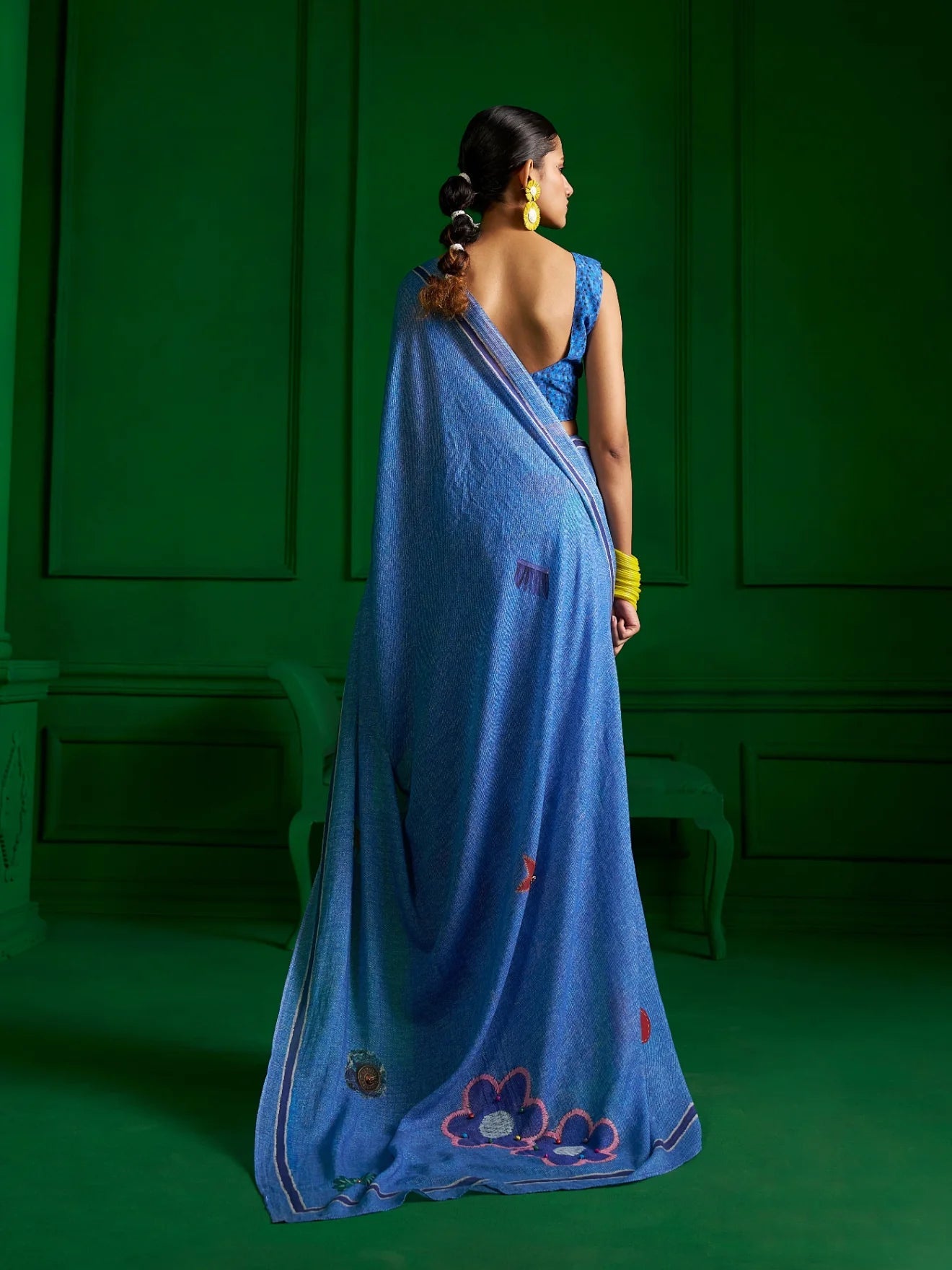 BRIGHT BLUE VISCOSE MUL VINTAGE VIBE DENIM PRINT SAREE