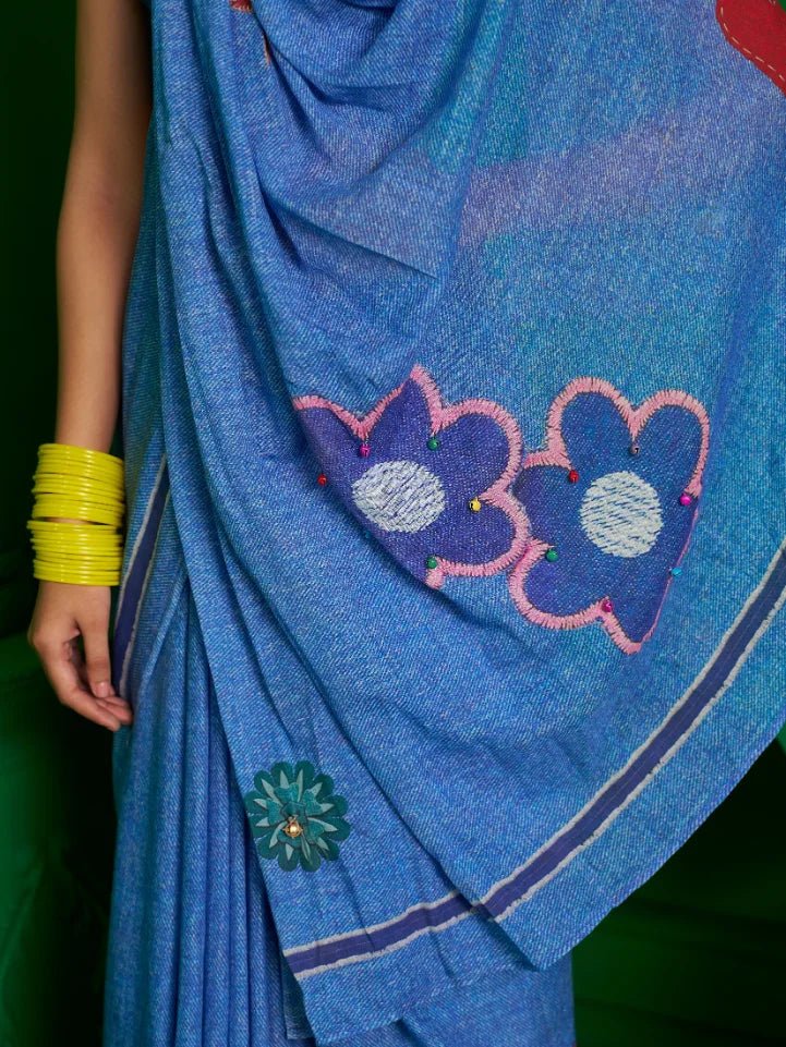 BRIGHT BLUE VISCOSE MUL VINTAGE VIBE DENIM PRINT SAREE