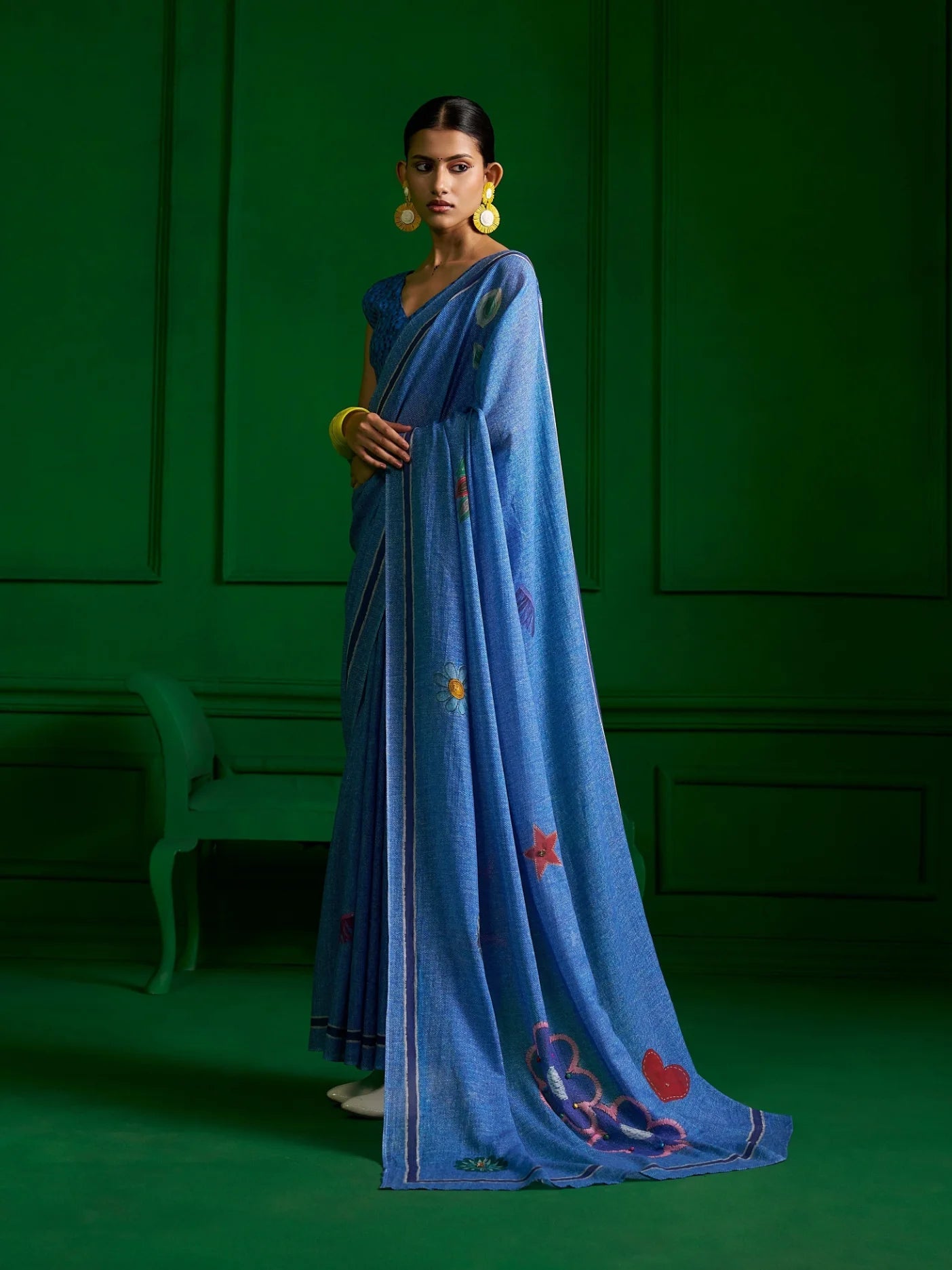 BRIGHT BLUE VISCOSE MUL VINTAGE VIBE DENIM PRINT SAREE