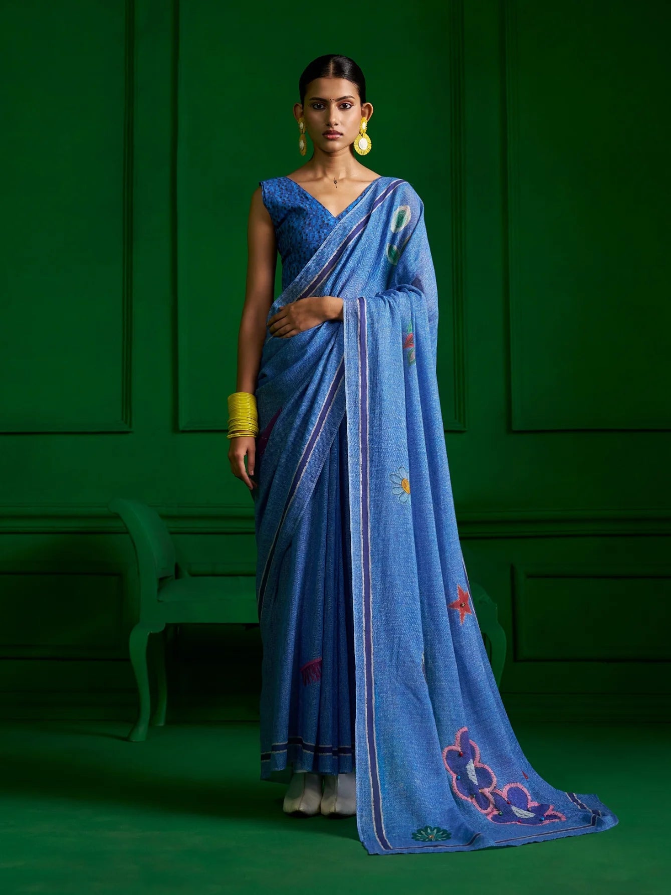 BRIGHT BLUE VISCOSE MUL VINTAGE VIBE DENIM PRINT SAREE