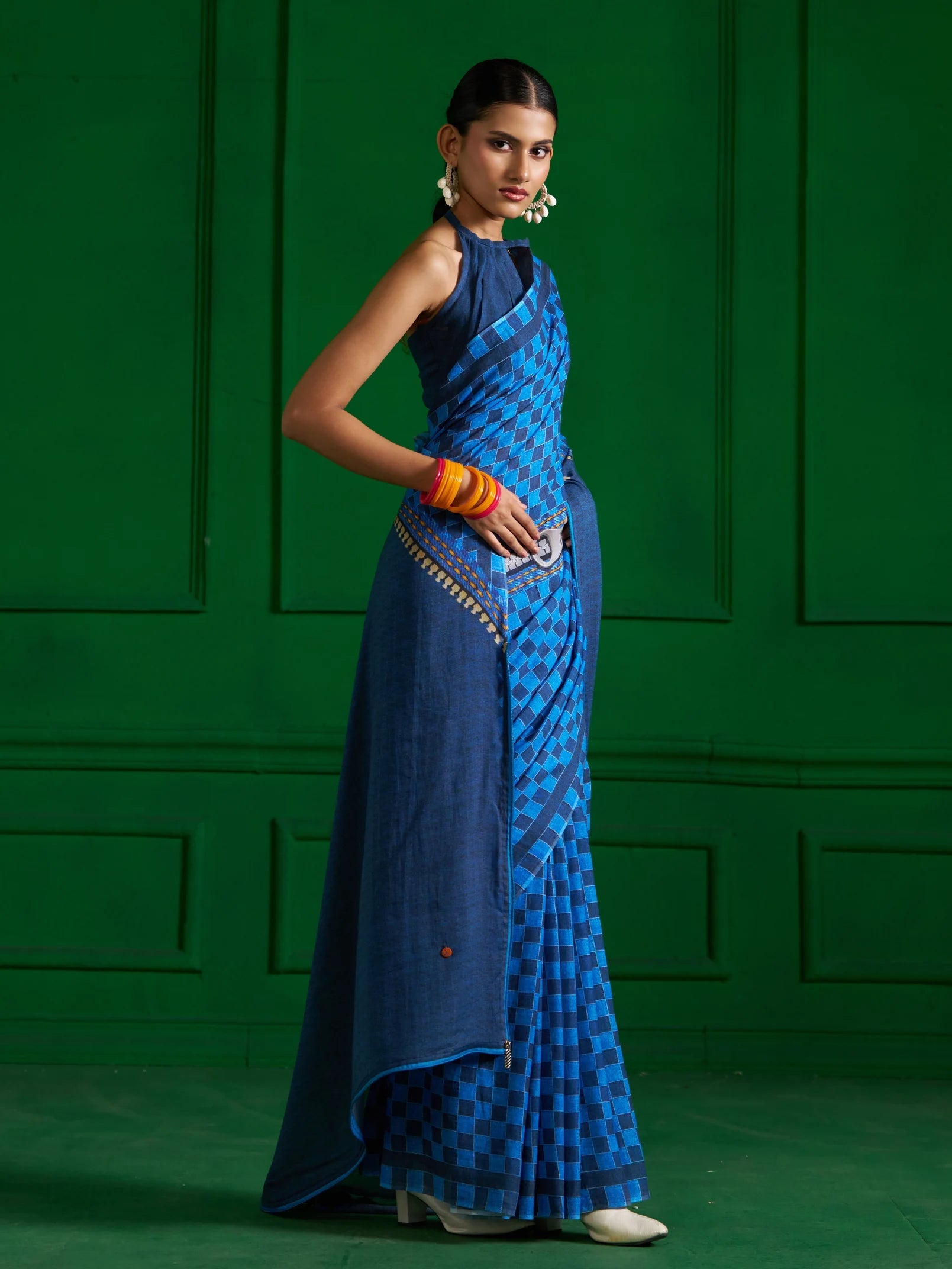 BRIGHT BLUE VISCOSE MUL ZIP UP CHECKS DENIM PRINT SAREE