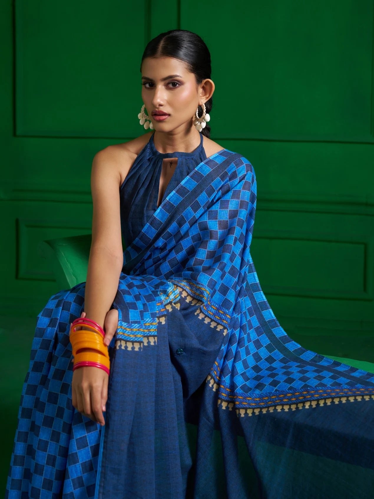 BRIGHT BLUE VISCOSE MUL ZIP UP CHECKS DENIM PRINT SAREE