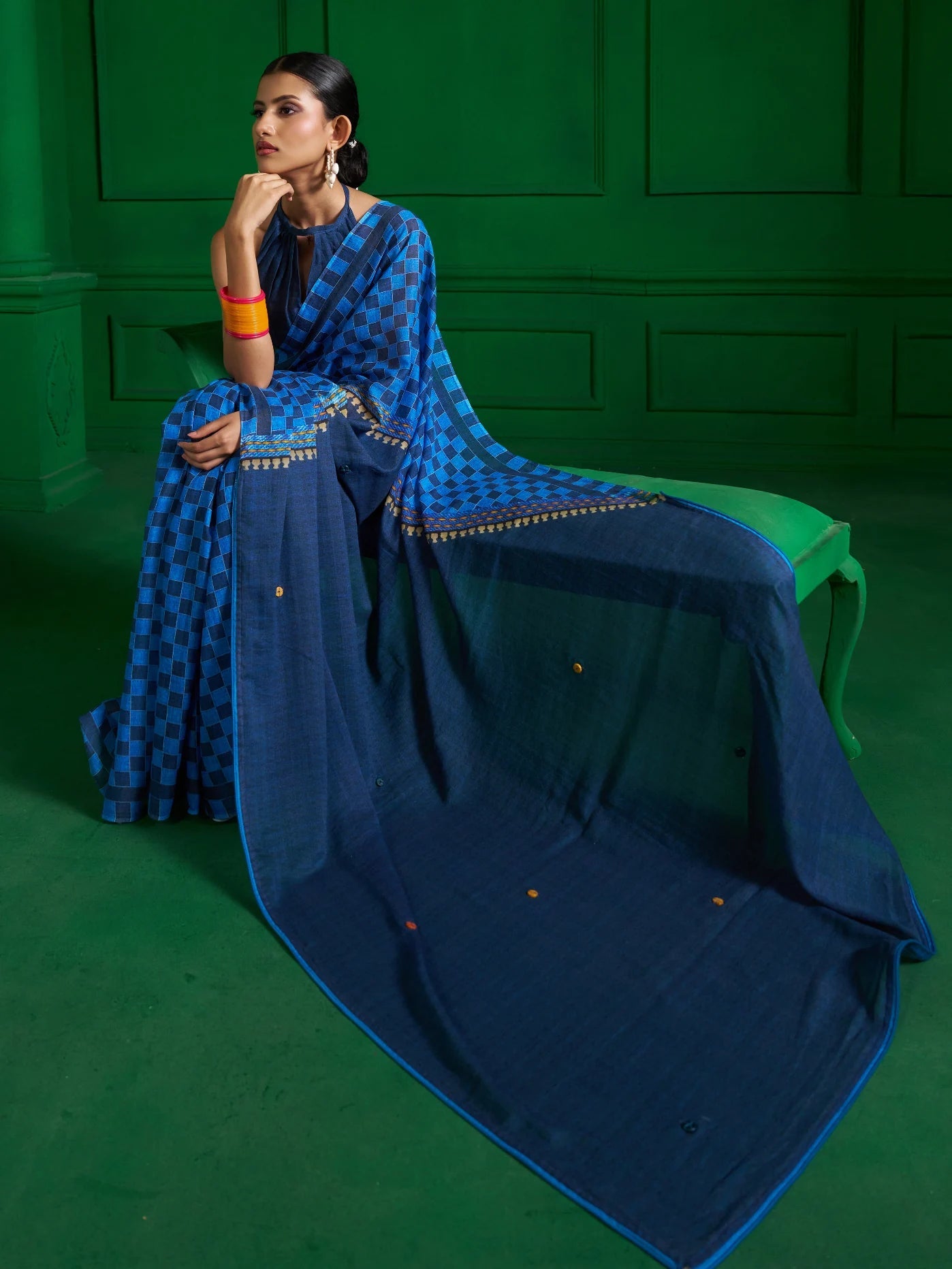 BRIGHT BLUE VISCOSE MUL ZIP UP CHECKS DENIM PRINT SAREE