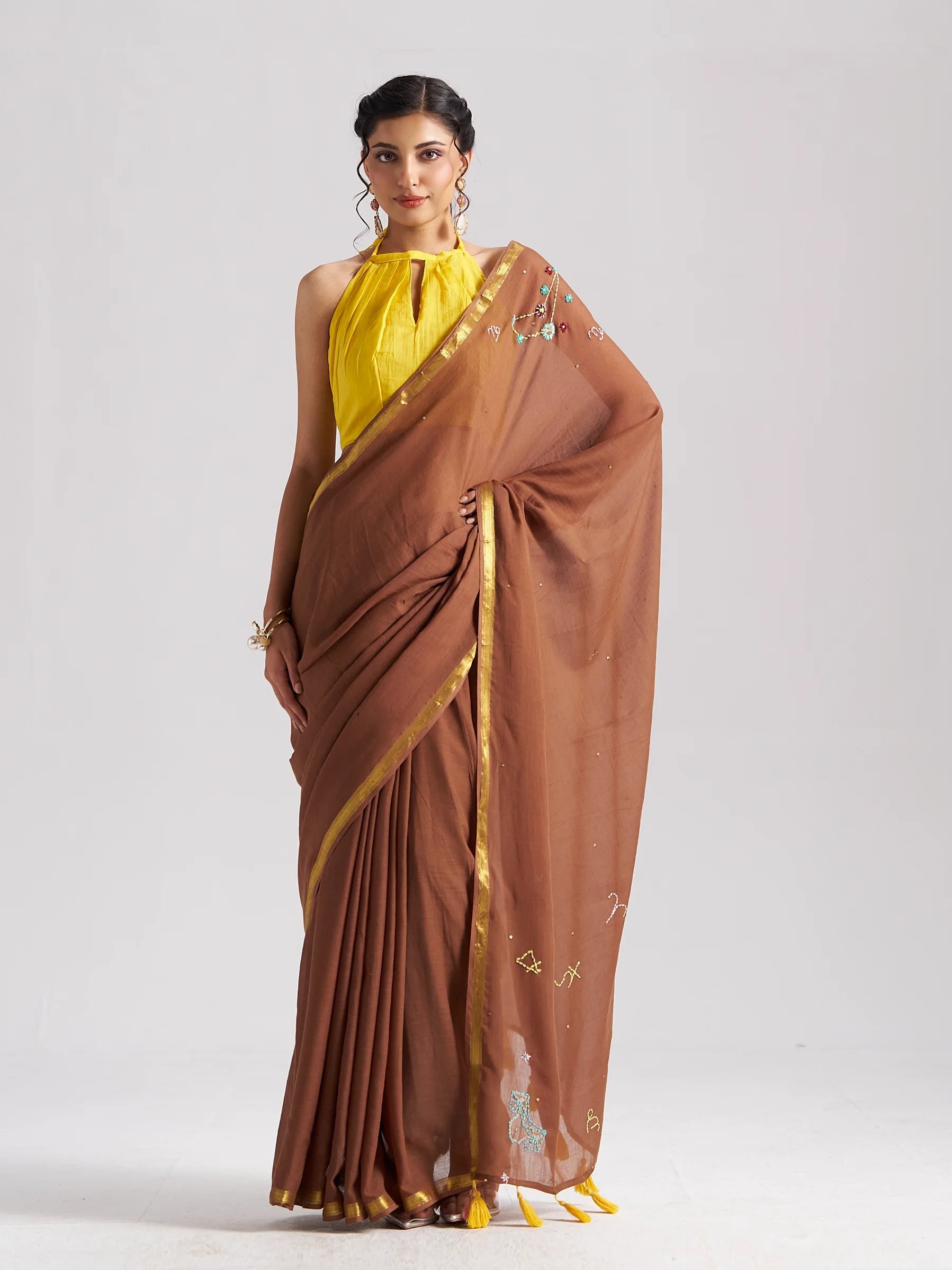 BROWN MULMUL COTTON CAPRICORN CELESTIAL THREAD WORK SAREES