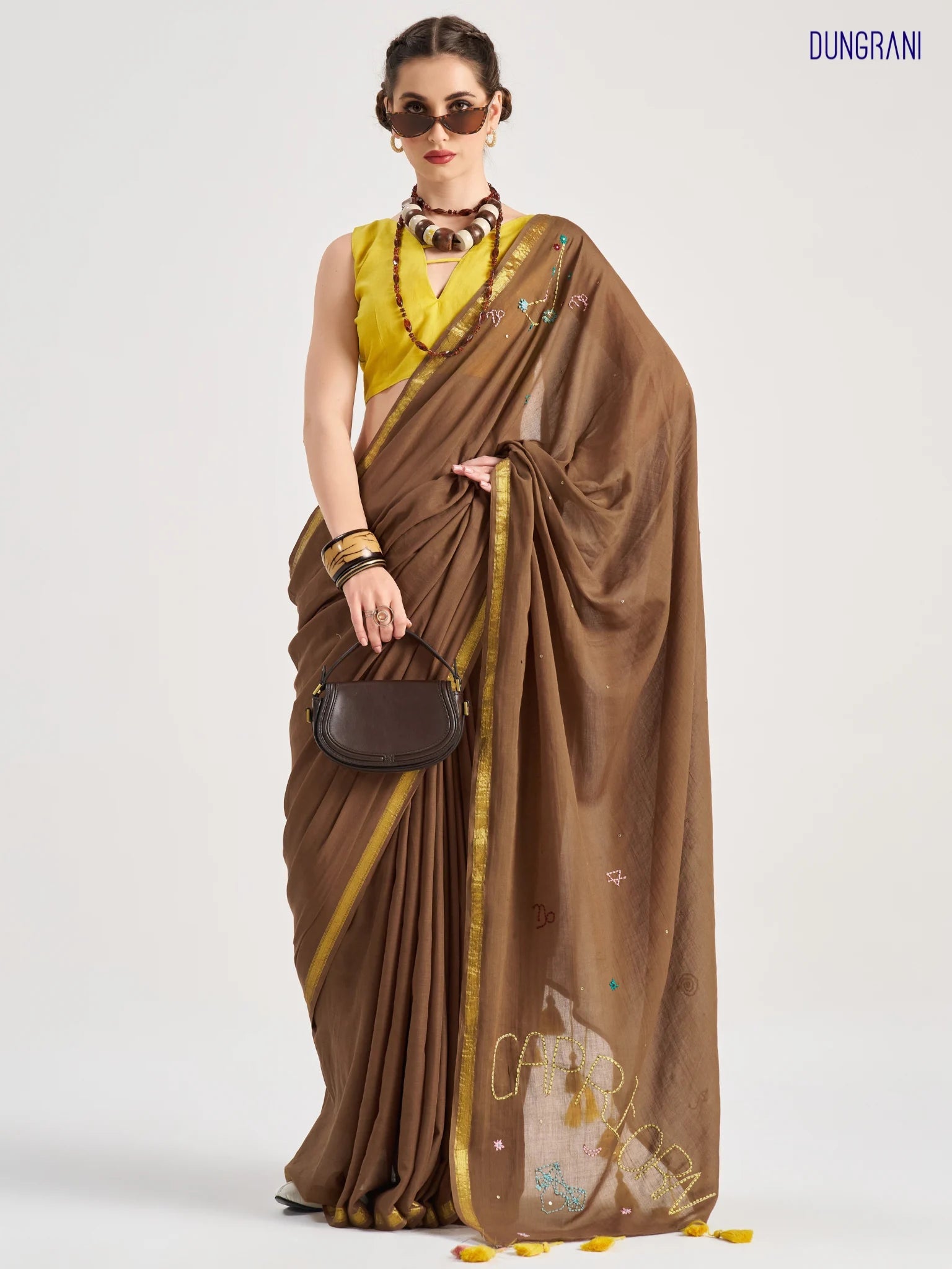BROWN VISCOSE MUL CAPRICORN VEDIC ZODIAC THREAD WORK SAREES