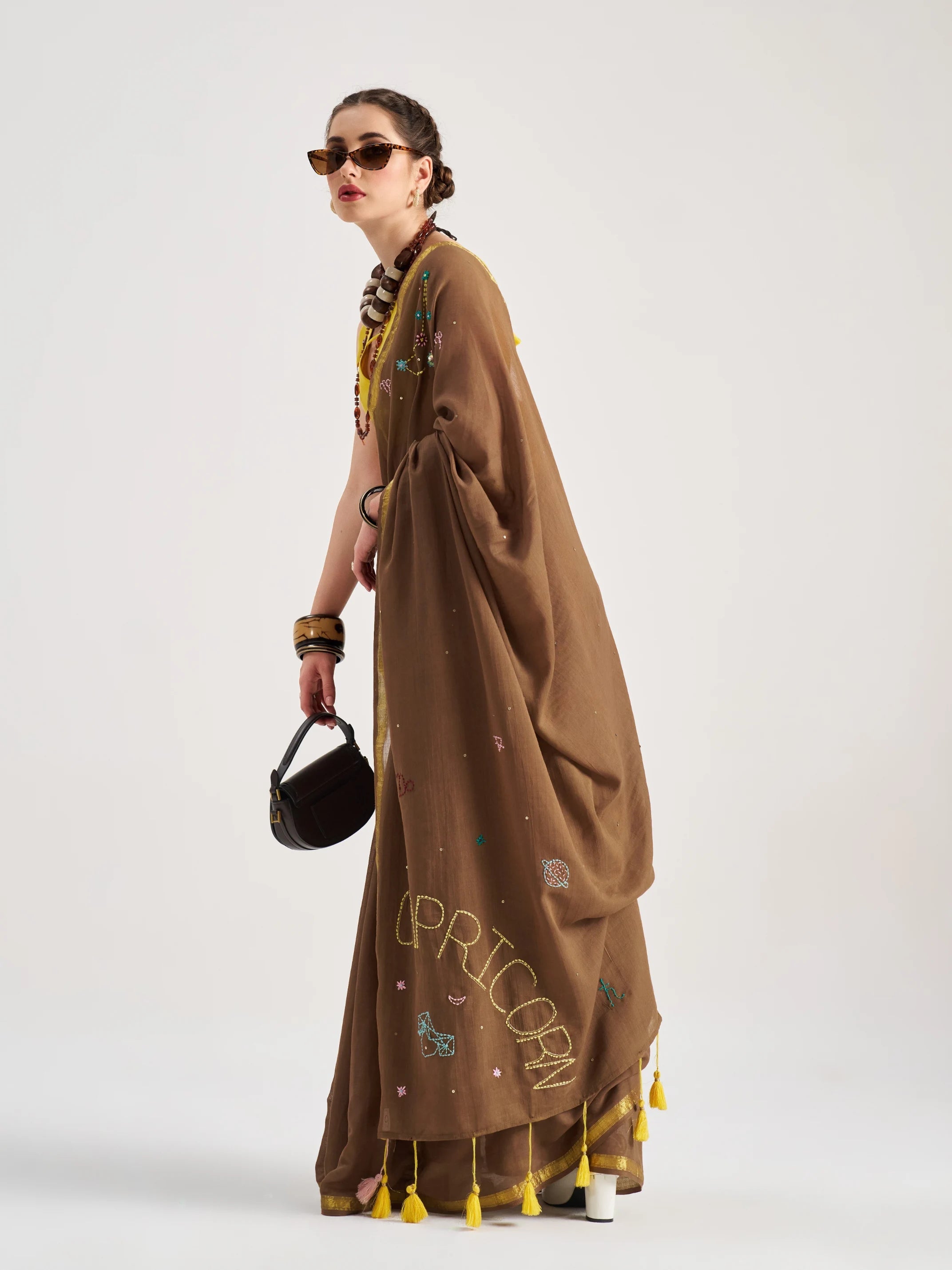 BROWN MULMUL COTTON CAPRICORN VEDIC ZODIAC THREAD WORK SAREES