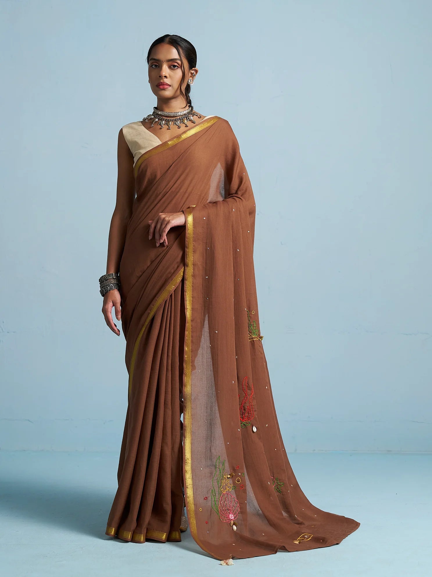 BROWN VISCOSE MUL THREAD WORK SAREES