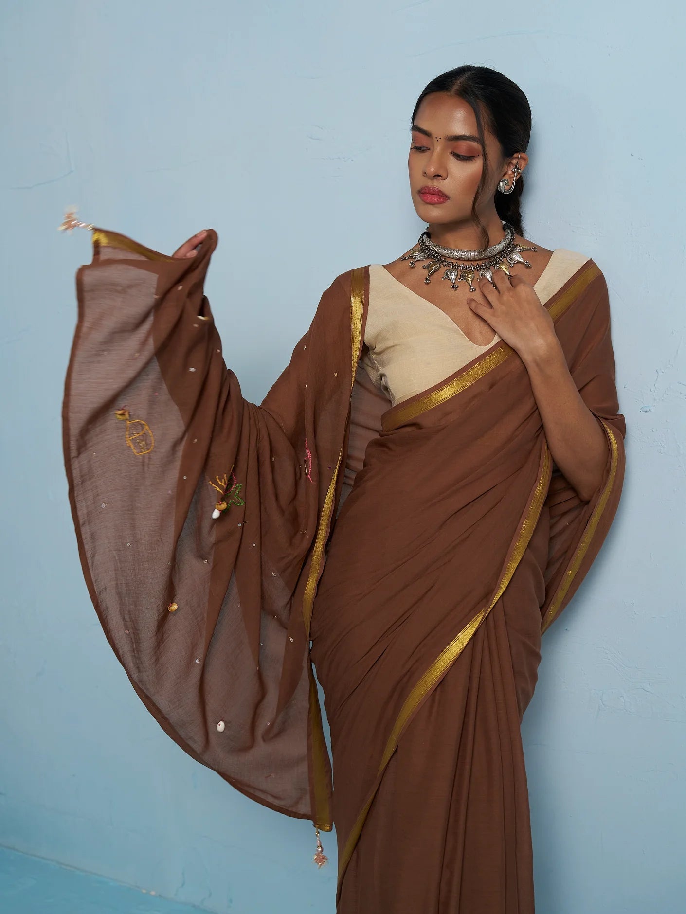 BROWN VISCOSE MUL THREAD WORK SAREES